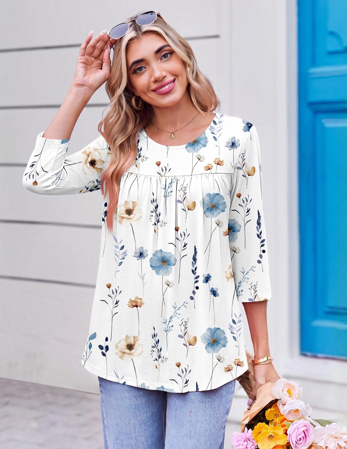  Womens 3/4 Length Sleeve Tops Boho Blouses Casual Pleated Shirts thumbnail