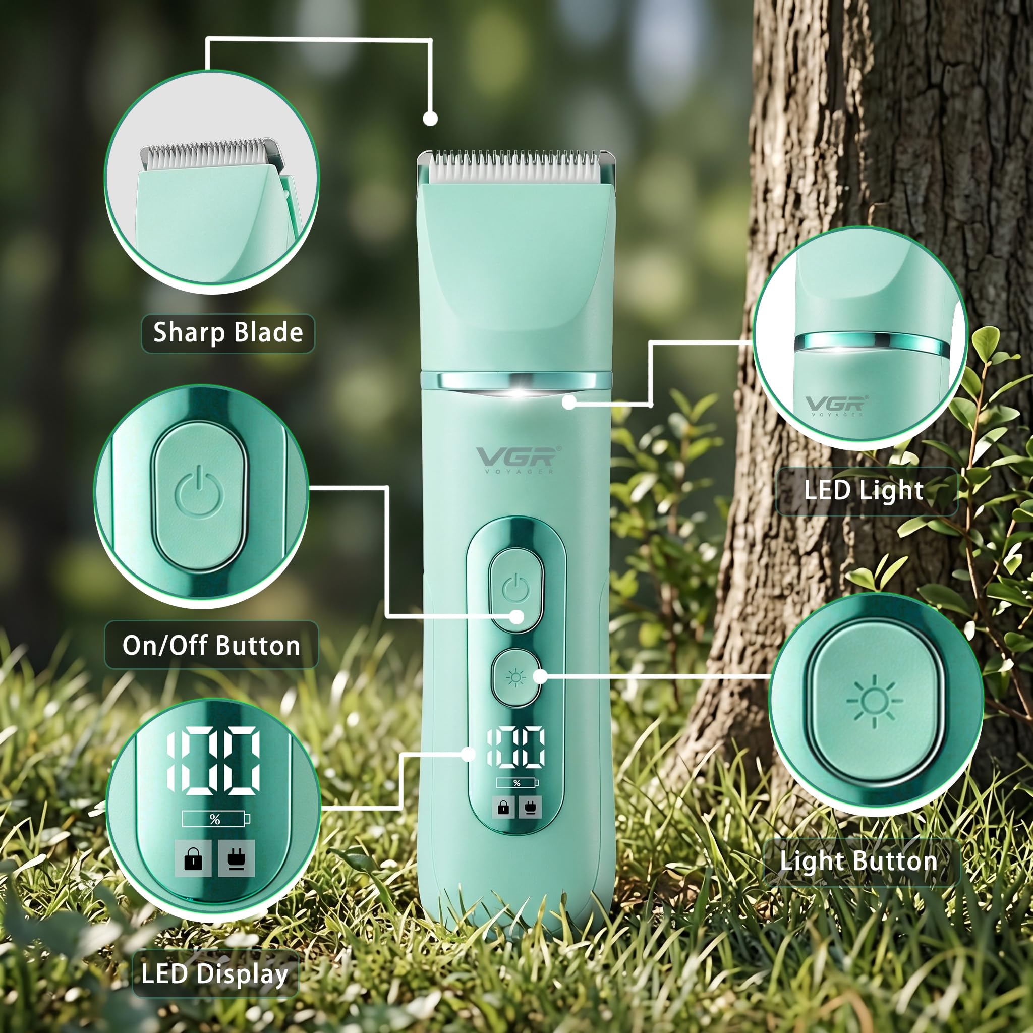 VGR 763 5-in-1 Bikini Trimmer and Electric Razor for Women, Green | IPX7 washable; built-in light; travel lock; 90min runtime; USB-C charging; 4 heads ...