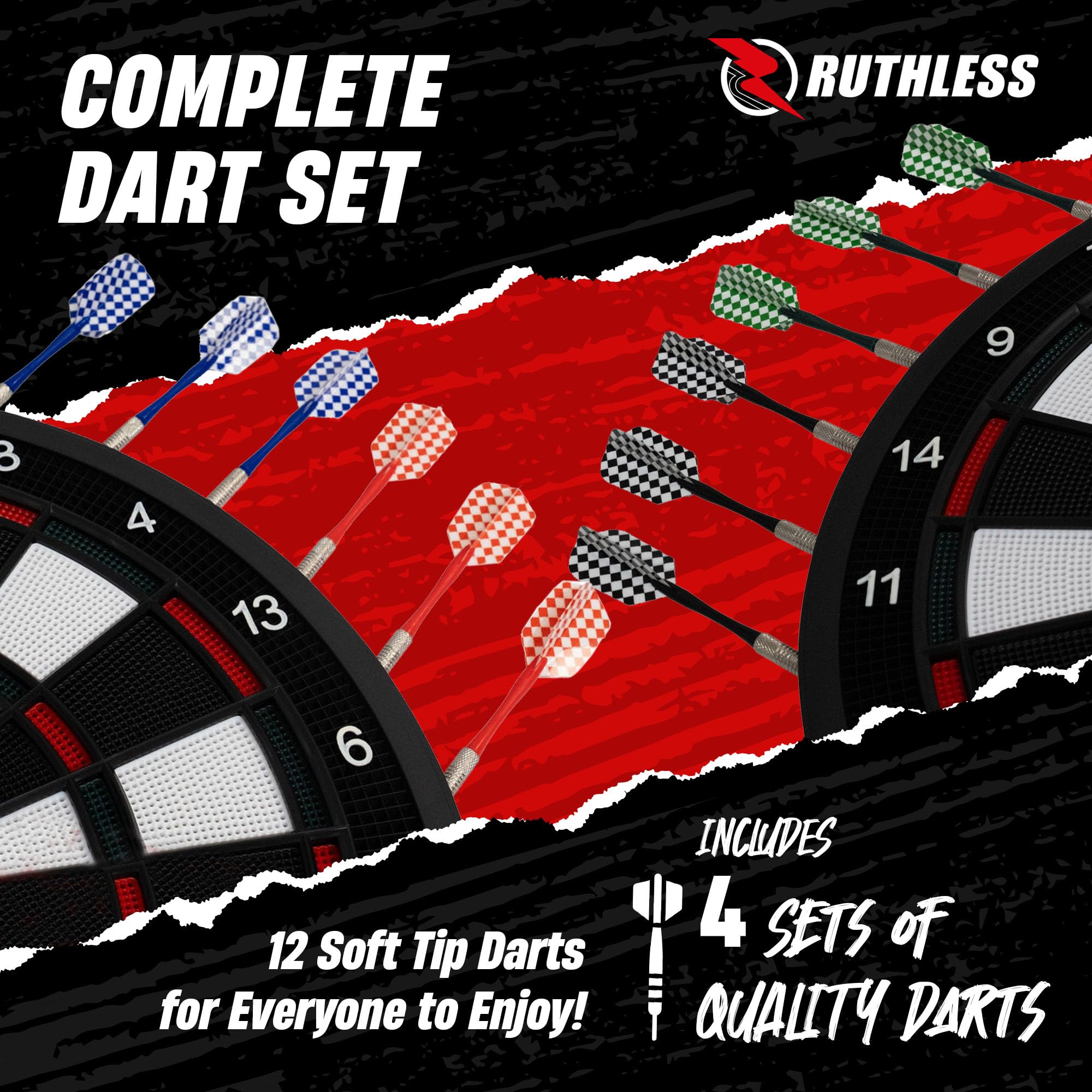 Ruthless R600 Cible de fléchettes électronique Pointe souple 4 jeux 8 joueurs 27 jeux
