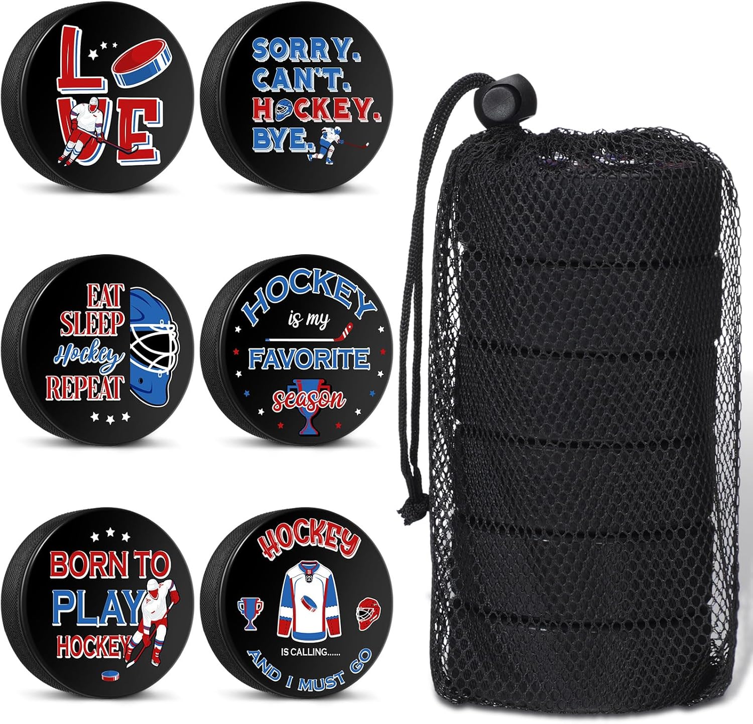 6 Pack Ice Hockey Pucks with Mesh Bag Personalized Hockey Puck 6oz Rubber Hockey Pucks Black Hockey, Diameter 3", Thickness 1", for Outdoor and Ice Practice