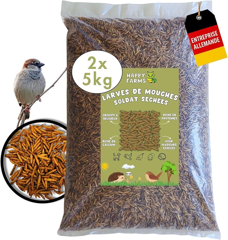 HappyFarms Larves de Mouches Soldats séchées – Plus de Calcium Que Les vers de Farine. 10 kg de Nourriture pour Oiseaux Sauvages, Poissons et hérissons