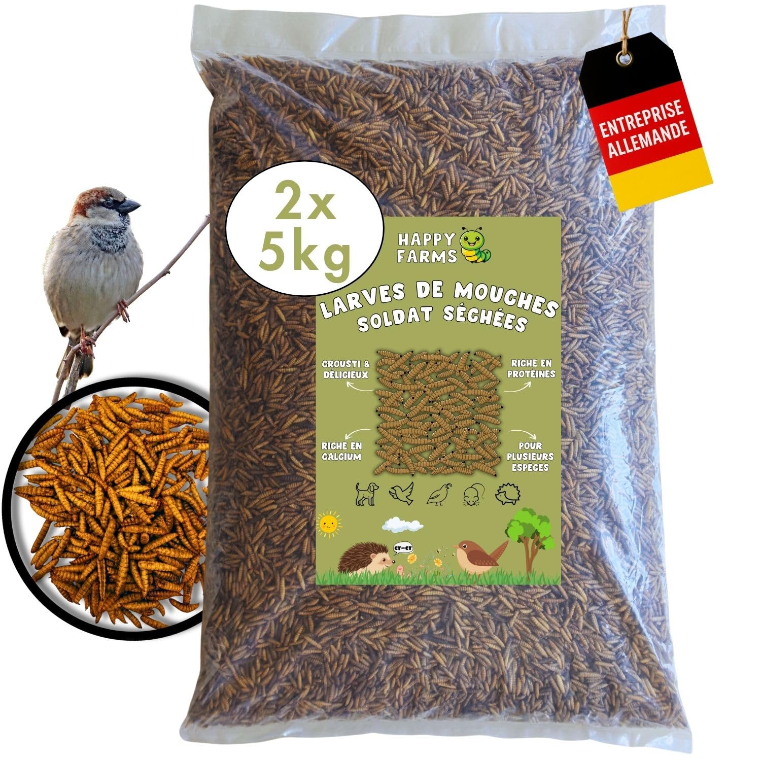 HappyFarms Larves de Mouches Soldats séchées – Plus de Calcium Que Les vers de Farine. 10 kg de Nourriture pour Oiseaux Sauvages  Poissons et hérissons