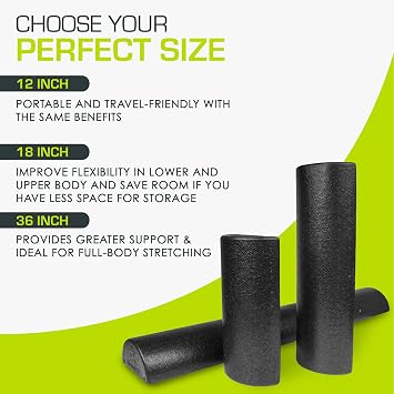ProsourceFit High Density Foam Rollers 18 - inches long. Firm Full Body Athletic Massager for Back Stretching, Yoga, Pilates, Post Workout Trigger Point Release, Black
