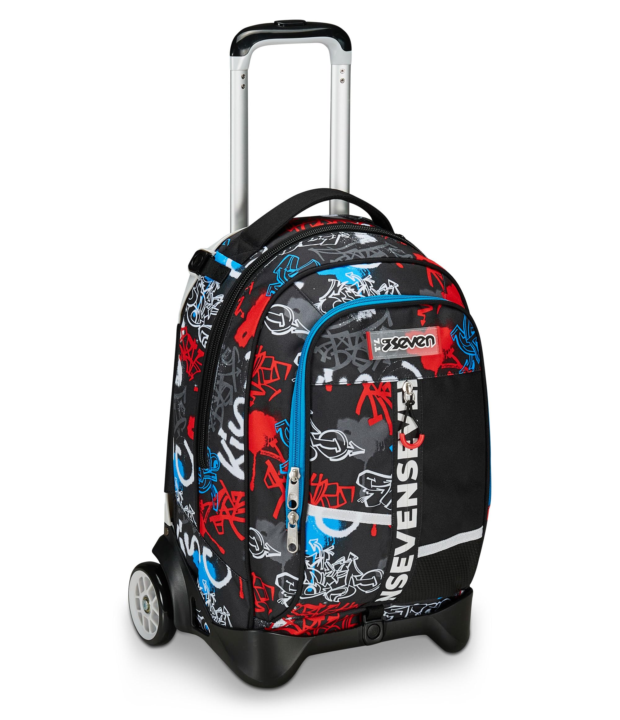 Seven Trolley Scuola Jack 2 Ruote, Nero Rosso, Half Street, 3 in 1, Triplo Uso, Zaino Con Carrello Sganciabile, Tasca Porta Borraccia e Crossover System, Zaino Scuola Viaggio, Bambino Ragazzo