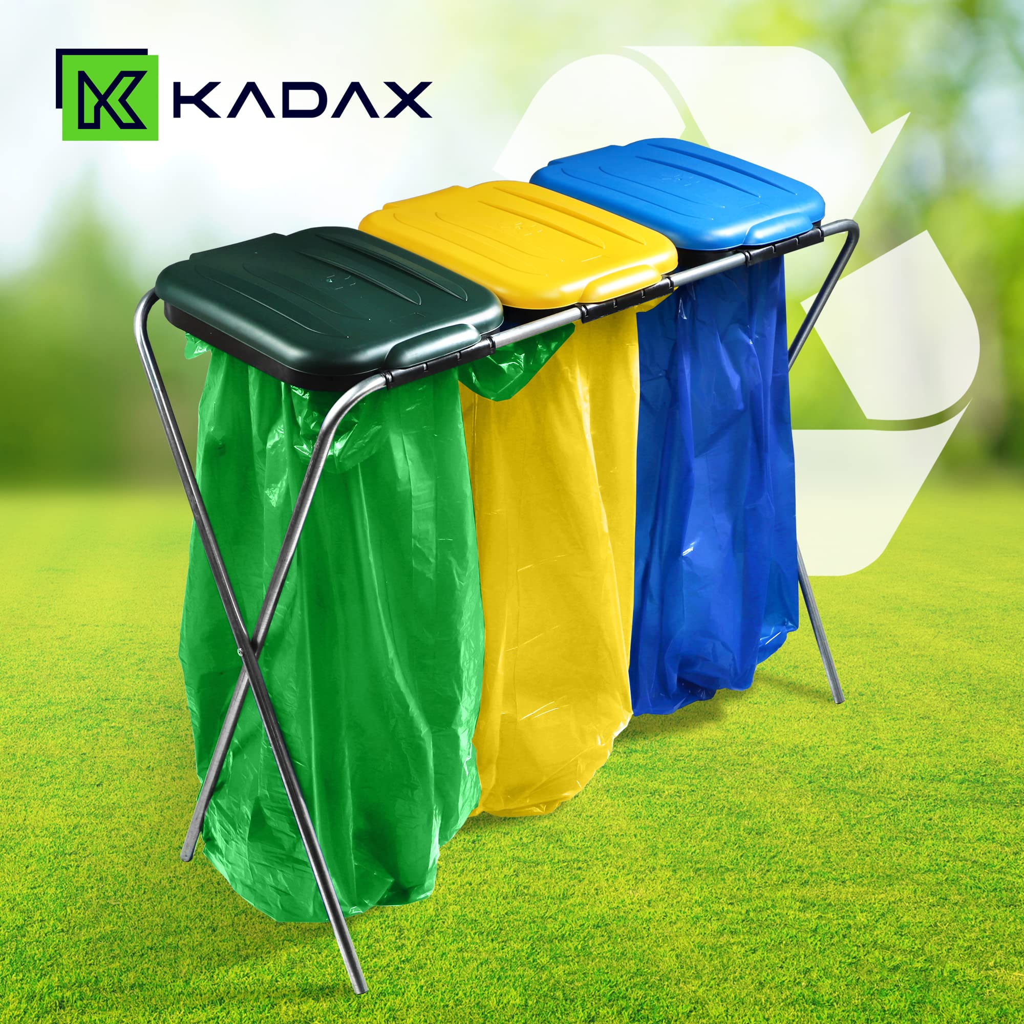 KADAX Porte-sacs poubelles triple, support pour sacs poubelles, support pour tri des déchets avec couvercle en plastique, support pour sacs poubelles pour sacs de 120 L (Vert-Jaune-Bleu)
