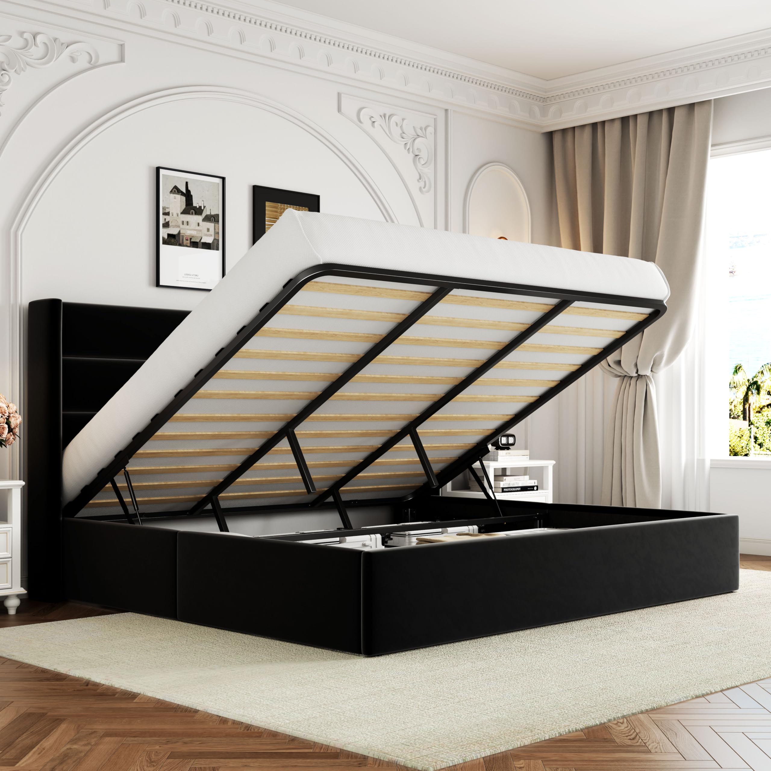 Allewie King Size Velvet Lift Up Storage Bed, Modern Wingback Headboard, Hydraulic Support, No Box Spring Needed, Black - 1