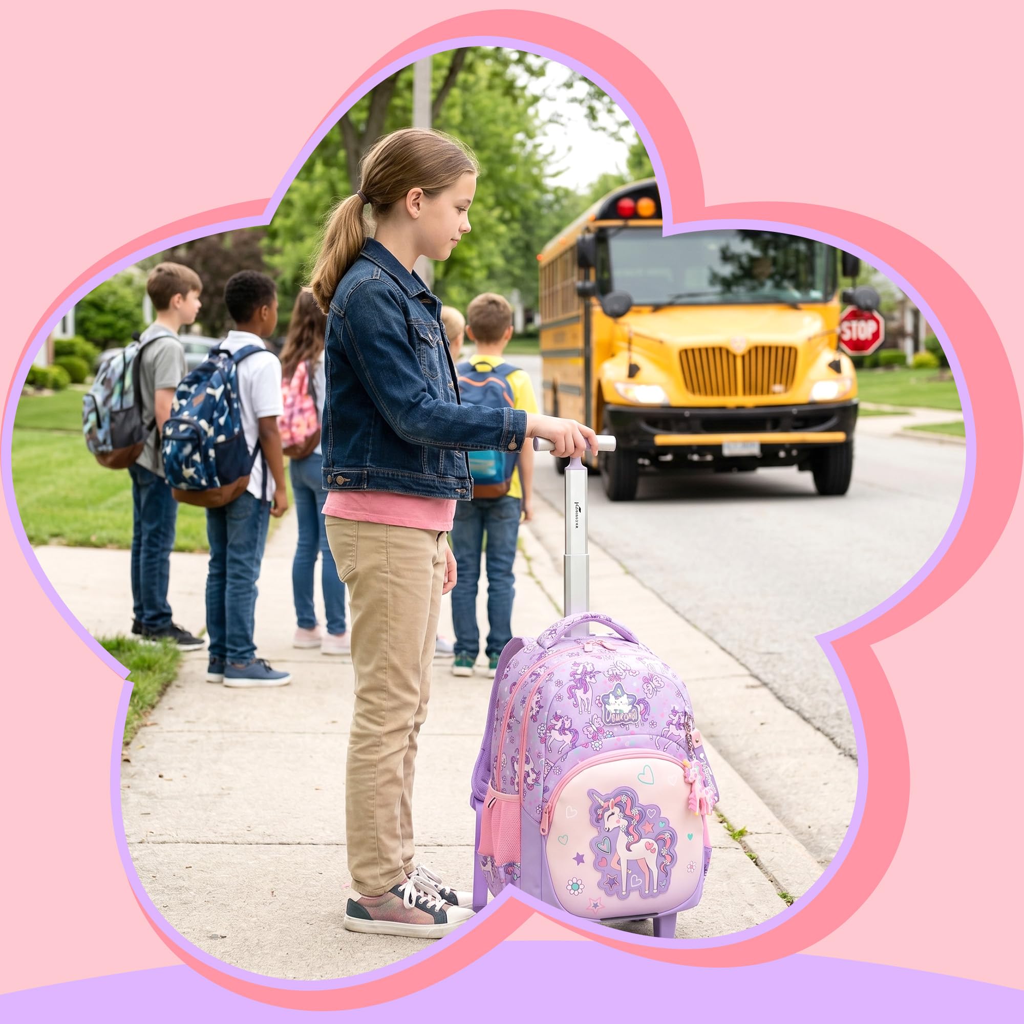 HTgroce 3-Teiliges Schulranzen mit Rollen Mädchen Einhorn, Ergonomisch Schulranzen Trolley inkl. Lunchtasche & Federmäppchen Grundschule Schultasche für Schule & Reisen