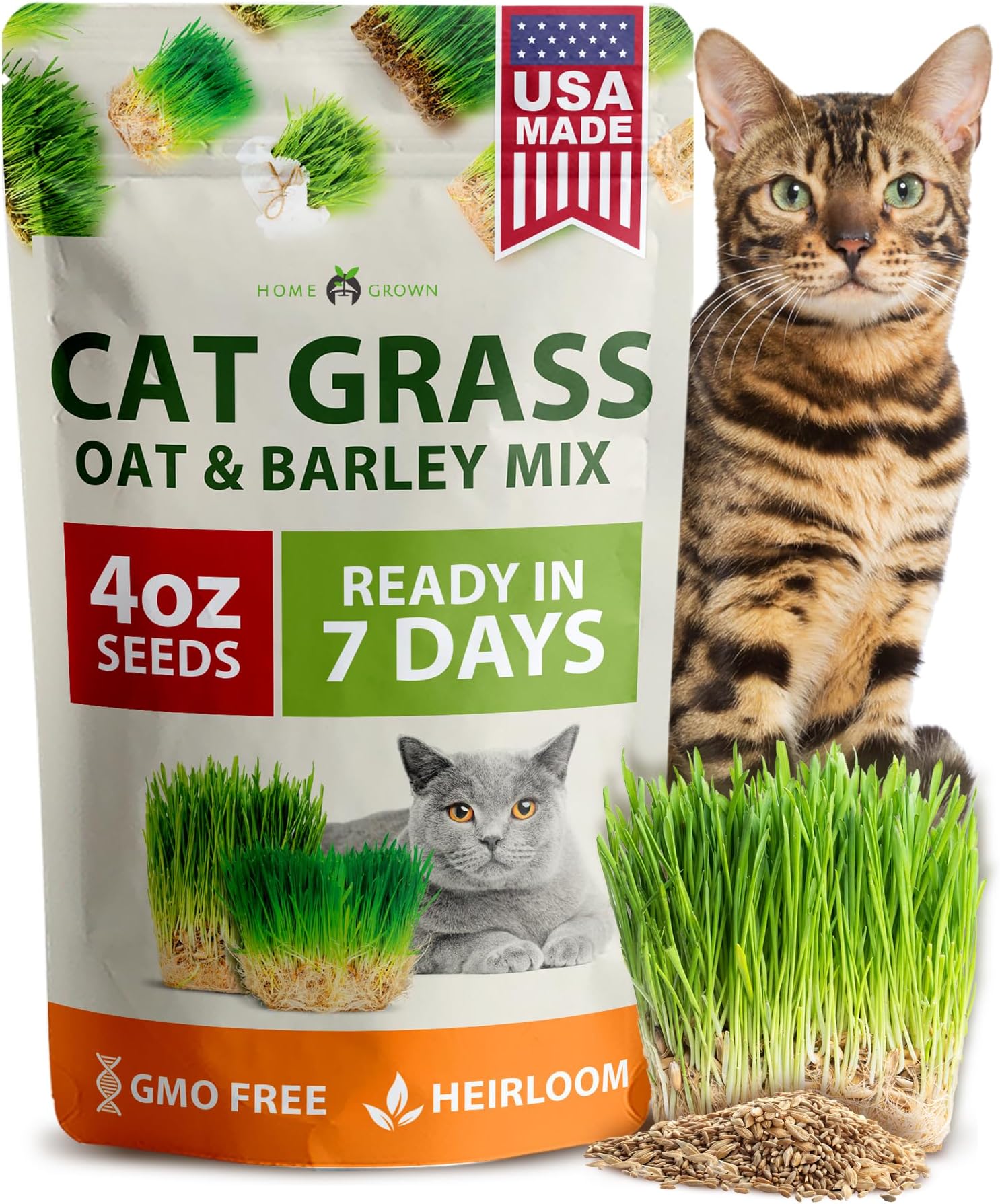 HOME GROWN Cat Grass Seeds 4 oz Oat & Barley Mix – Indoor Cat Grass Refill Kit – Digestive Green Grass for Pets – Heirloom Seeds for Cats’Health & Wellness (Dactylis glomerata)