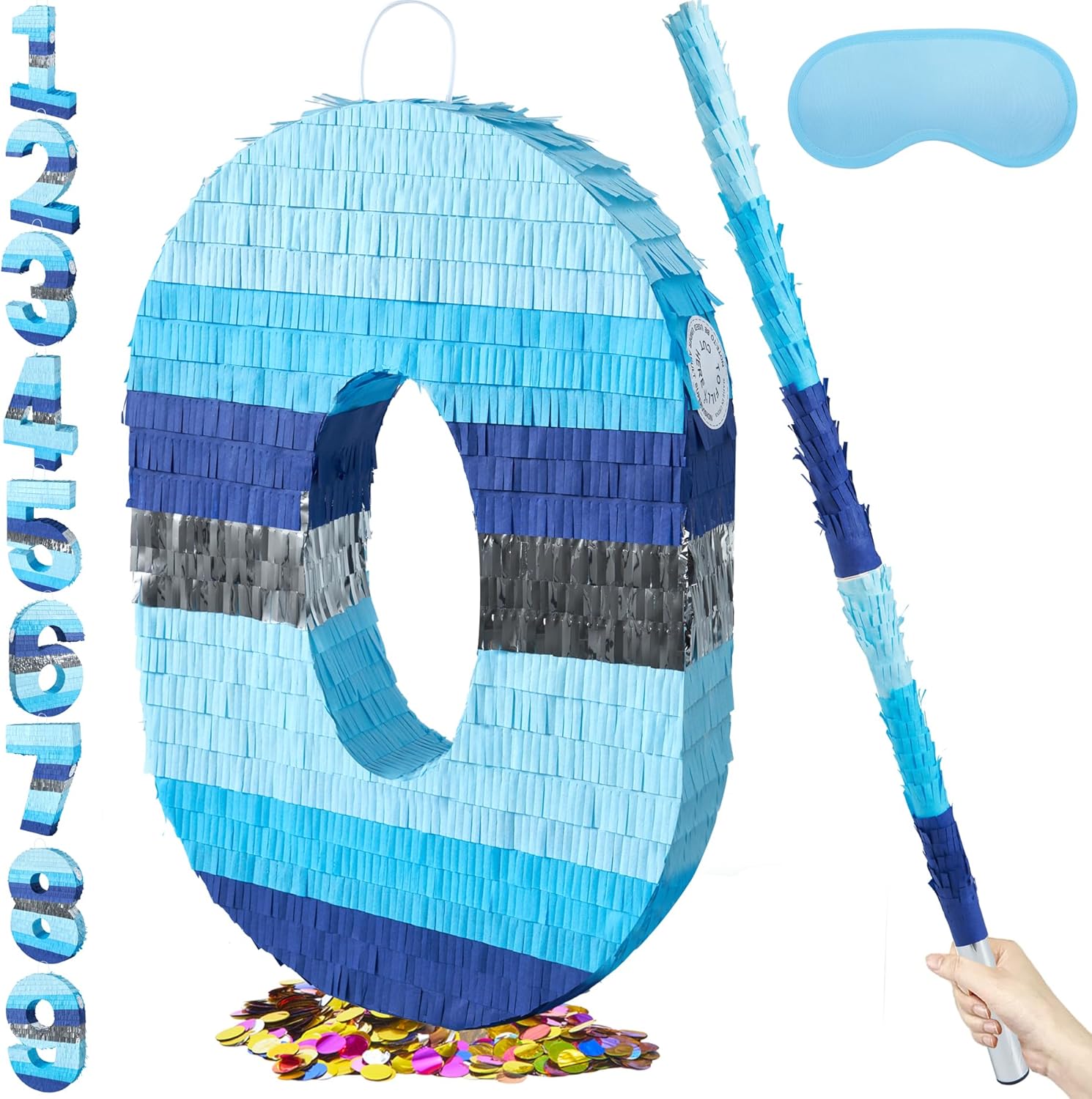 PCFING 20 Inch Number 8 Piñata Blue Silver with 30 Inch Piñata Stick Blindfold Confetti for Boys Girls Adults Birthday Party Decorations, Anniversary Celebration, Fiesta
