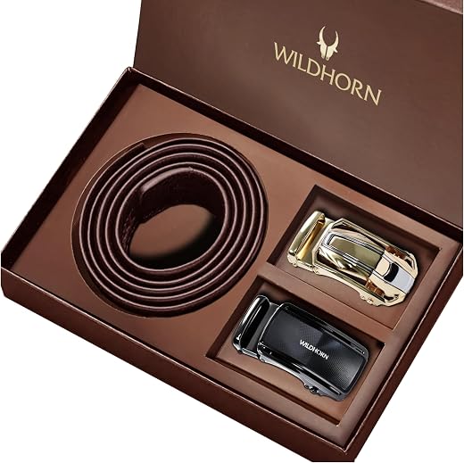 WildHorn Men’s Leather Belt Gift Set | Genuine Leather belt Strap with 2 Interchangeable Buckles | Formal &amp; Casual Wear Ad...
