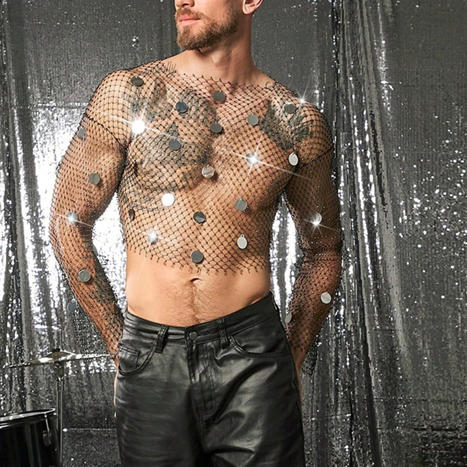 Funkelndes Pailletten Mesh Shirt für Herren, atmungsaktives Outfit, langärmeliges, mit Strasssteinen Verziertes Netz Top, Fischernetz Shirt