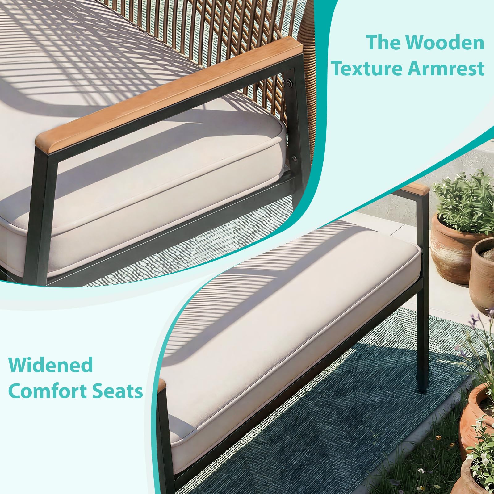 LIFERUN Gartensofa Rattan, 2-Sitzer Rattansofa Polyrattan, Sitzbank Outdoor, Gartenmöbel Metall und Rattan, Wetterfest, WPC Armrest, 64x115x94cm, Balkon Bank für Terrasse,Garten und Veranda, Beige