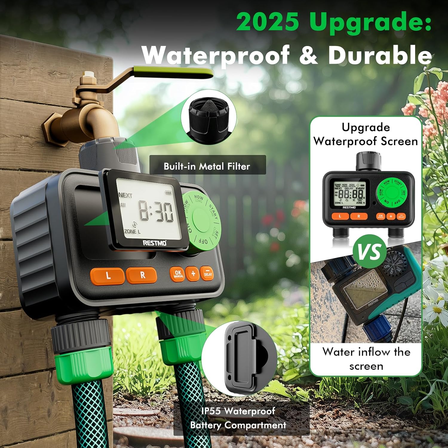 RESTMO 2 Zone Sprinkler Timer, Programmable Water Timer for Garden Hose, Automatic Control | Manual ON/Off | Rain Delay for Outdoor Faucet, Drip Irrigation and Lawn Watering System - Image 2
