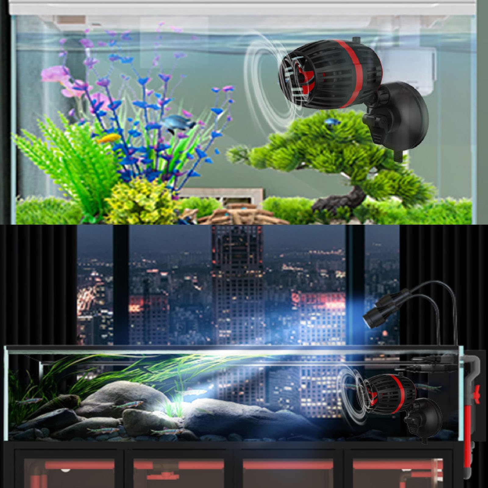 Bomba de circulación, cabezal motorizado para acuario, bomba de agua sumergible para acuario con ondas de bajo ruido para pecera de 60 a 150 cm (Negra)