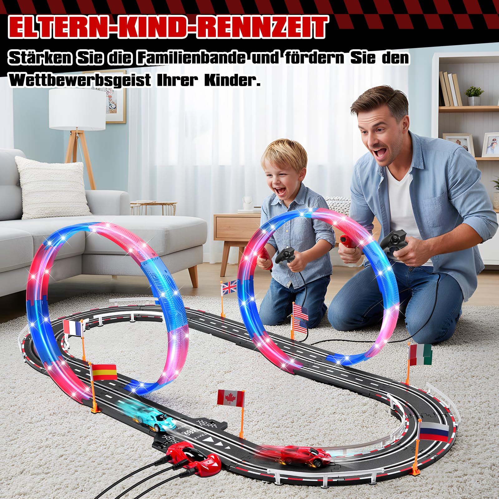 Elektrische Rennbahn Kinder, Autorennbahn Beleuchtete Elektrische Rennstrecke 1:64 Autobahn - 4 LED Auto, Rundenzähler, 360°-Looping, Rennstrecke Auto Spielzeug für Kinder 3 6-12 Jahre (S)