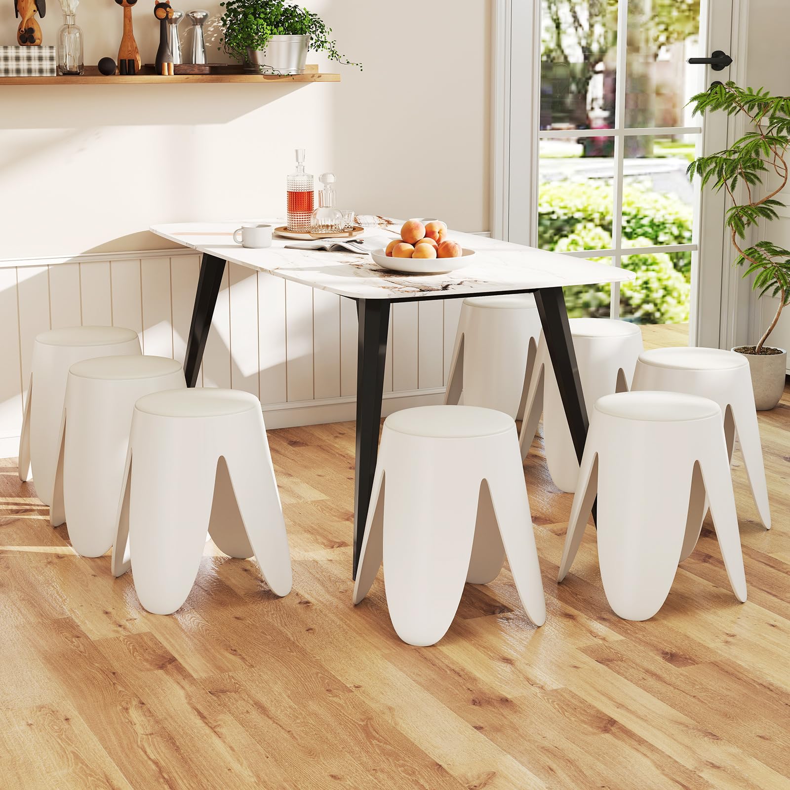 COSTWAY Juego de 8 Taburetes Apilables, Taburetes de Plástico Anidados de 46 CM de Altura, Sillas Portátiles Sin Respaldo para Escuela, Aula, Salón, Comedor, Hogar, Oficina, Ahorra Espacio, Blanco