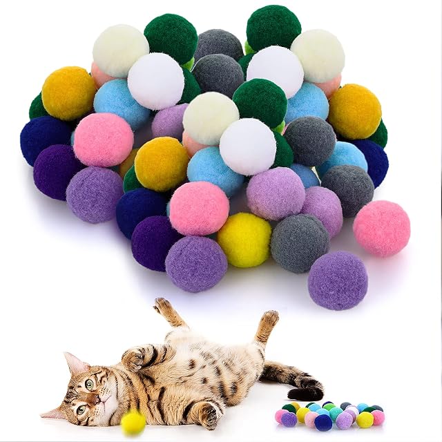 Cobee Cat Ball Toy, 50 Pieces Soft Cat Pom poms Balls Toy 1 Inch Cat Toy Ball Interactive Play Toy for Indoor Cat Kitten Pompom Ball Toy