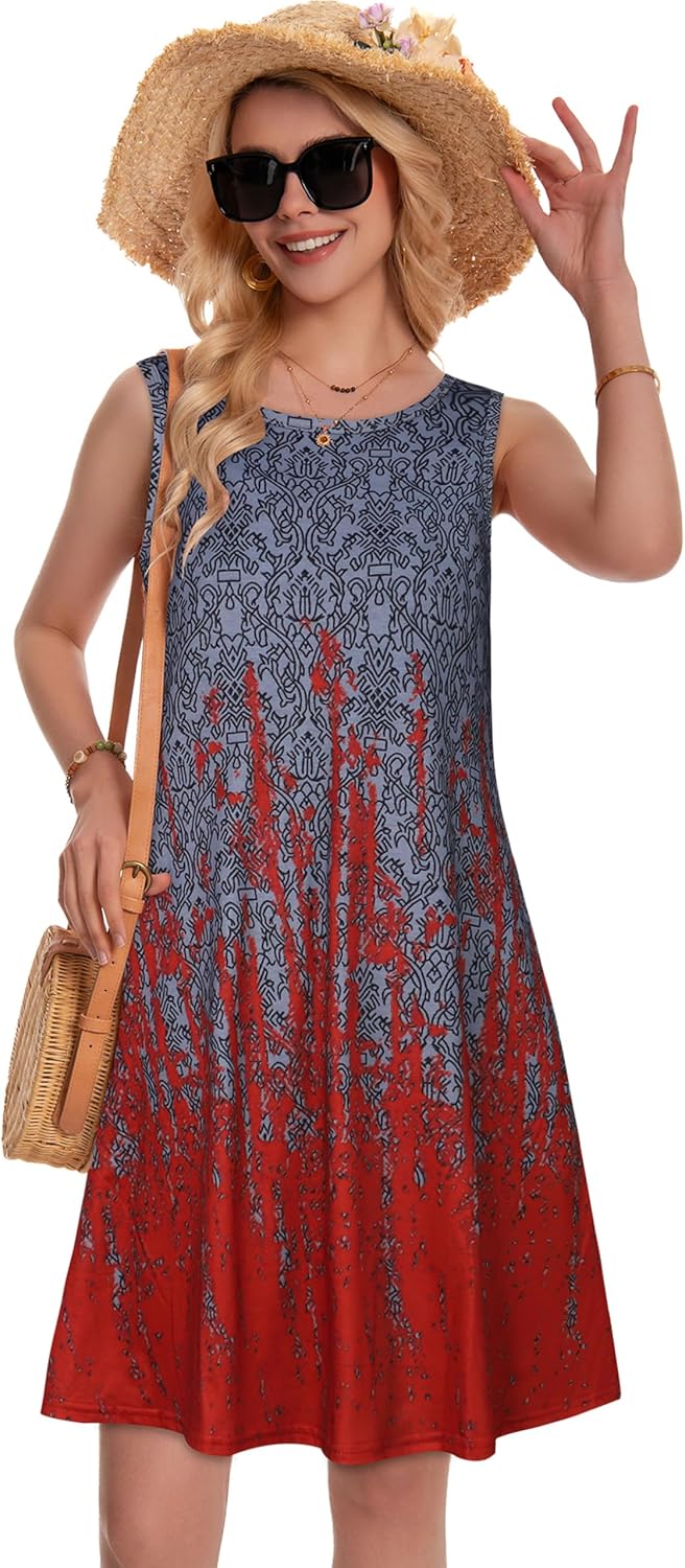 Summer Dresses for Women Beach Boho Sleeveless Vintage Floral Flowy Pocket Tshirt Tank Sundresses - Image 3