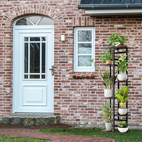 Miniatura 7 de Soporte alto de madera para plantas de 6 niveles y 7 macetas, estante de metal para interiores, múltiples estantes para macetas, estante de esquina,