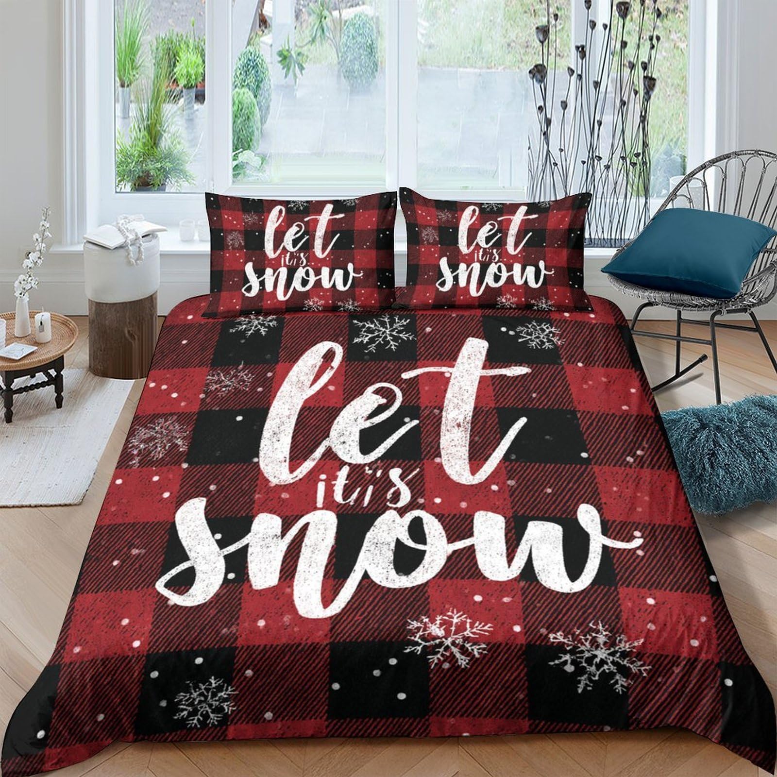 Ctjqhvkz Style-10 3D Printed Red Plaid Let It Snow Fitted Sheet Microfiber Soft Breathable Snowflake Bed Cover For Bedroom Dorm Decor Single（135X200cm）