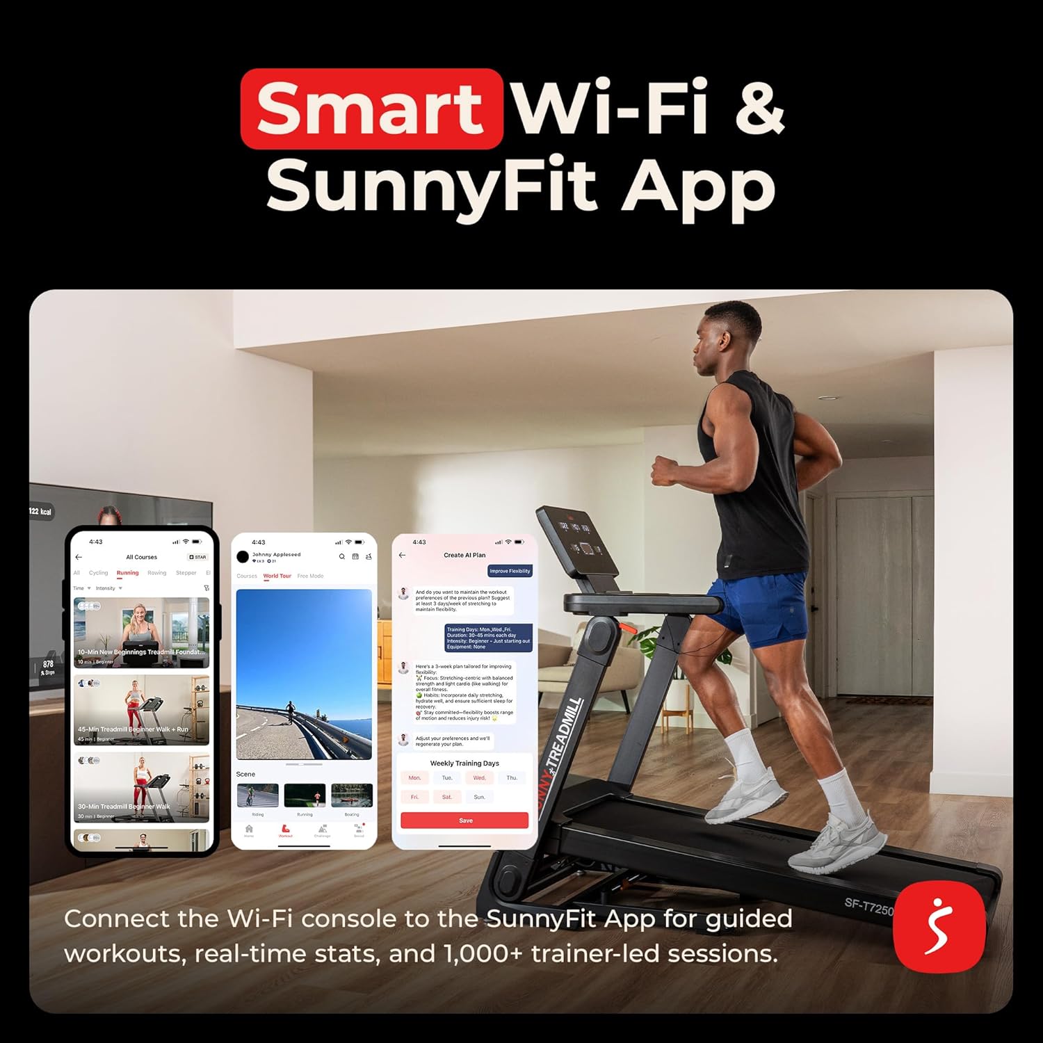 Sunny Health & Fitness Slim Foldable Treadmill Fully Assembled, 17.7" x 49" Non-Slip Running Surface, 2.5 HP Motor, Speeds up to 8 MPH, Shock-Absorption, Device Holder, Digital Monitor, & Easy Storage