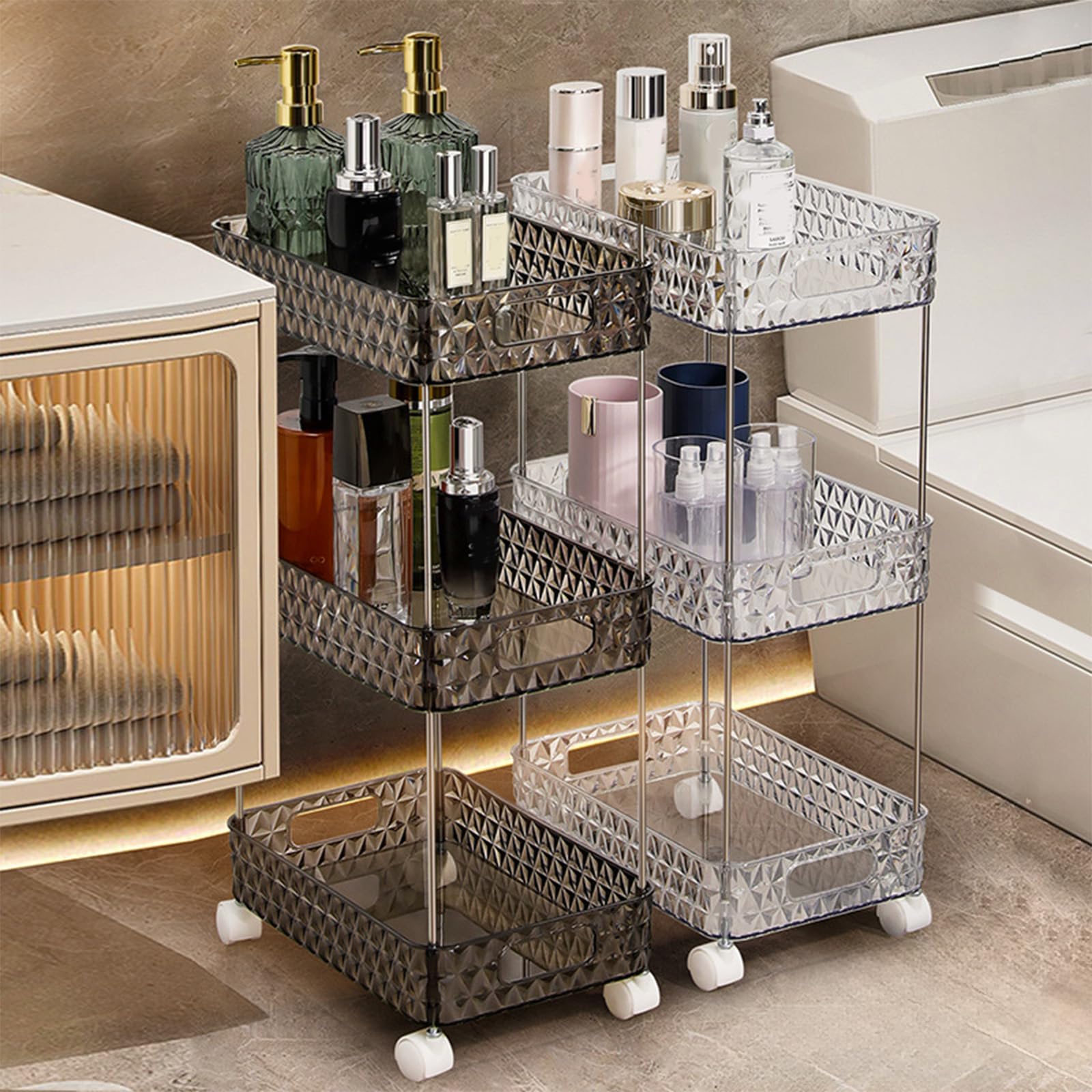 Carrello portautensili in acrilico – Carrello portaoggetti a 3 ripiani con ruote per cucina e bagno – Versatile scaffale mobile per un facile accesso e soluzioni salvaspazio