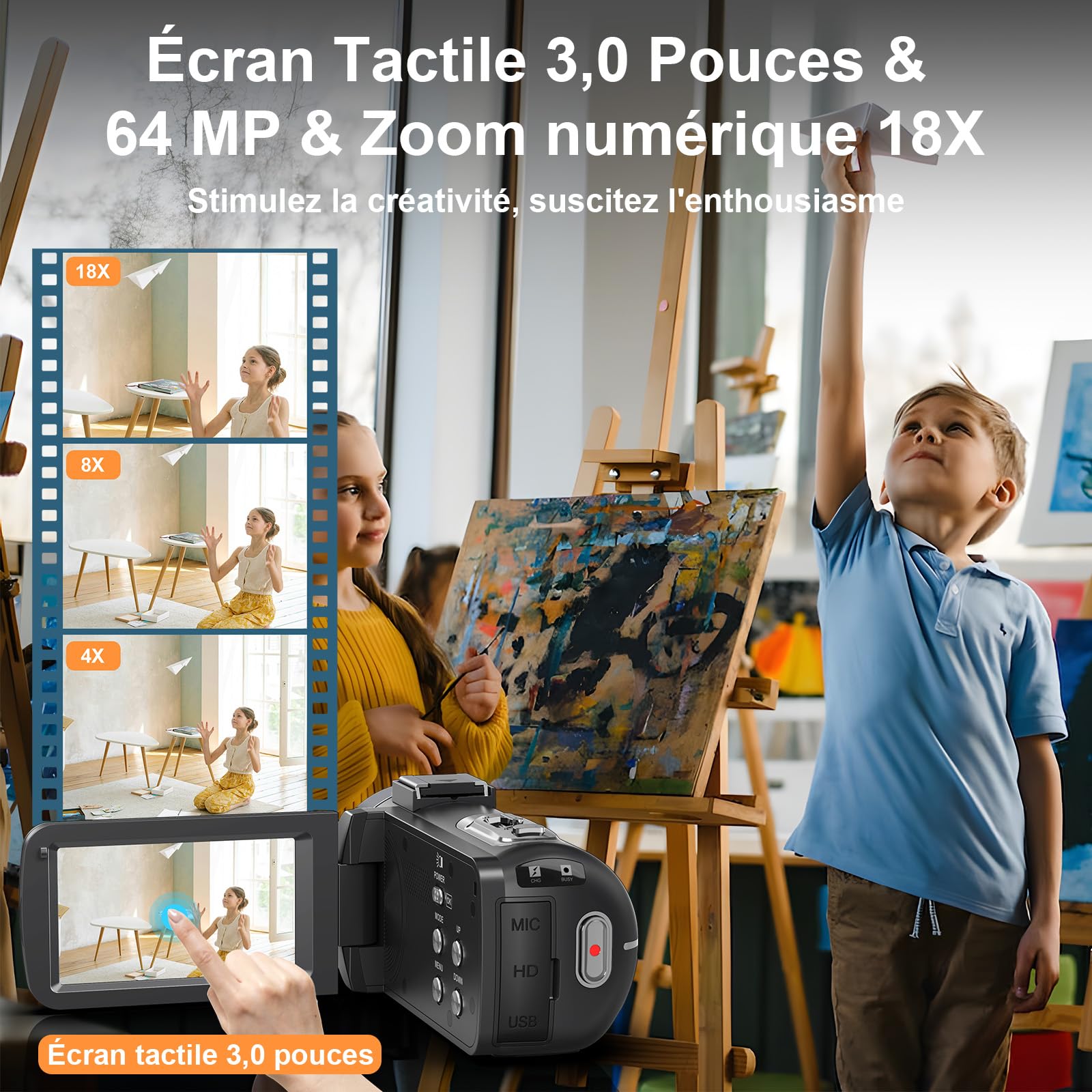 Caméscope Vidéo 8K 64MP Vlogging WiFi Vision Nocturne IR Écran Tactile 3" Zoom Numérique 18X avec Mic et Télécommande