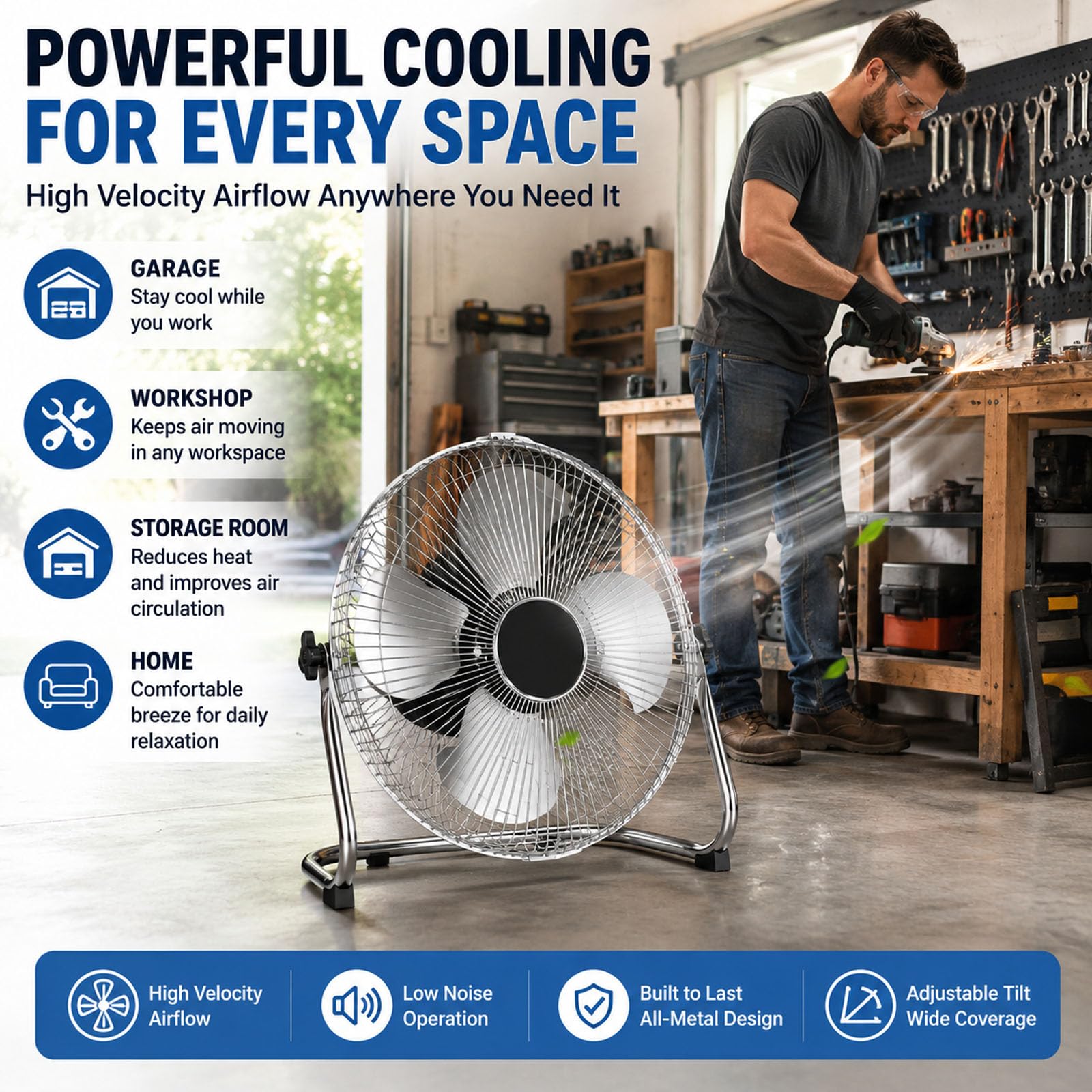 Ventilador de suelo industrial de 12 pulgadas, 4000 CFM, ventilador de caja de alta velocidad con 4 velocidades e inclinación ajustable para taller, garaje, dormitorio