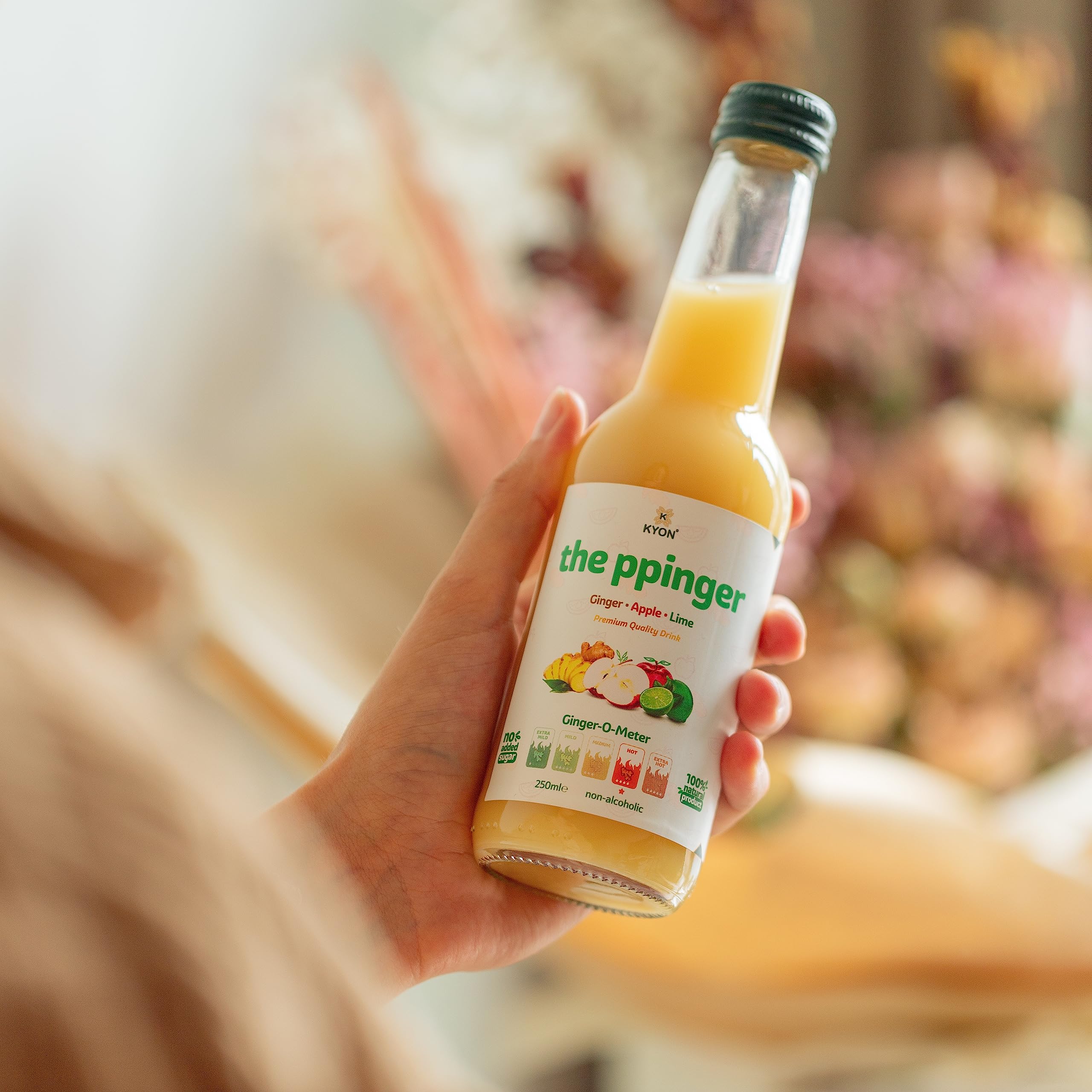 Bevanda Kyon Ppinger - Succo di zenzero con mela, lime e fiori di sambuco, 250 ml, bevanda rinfrescante e analcolica allo zenzero, disponibile in confezioni da 24
