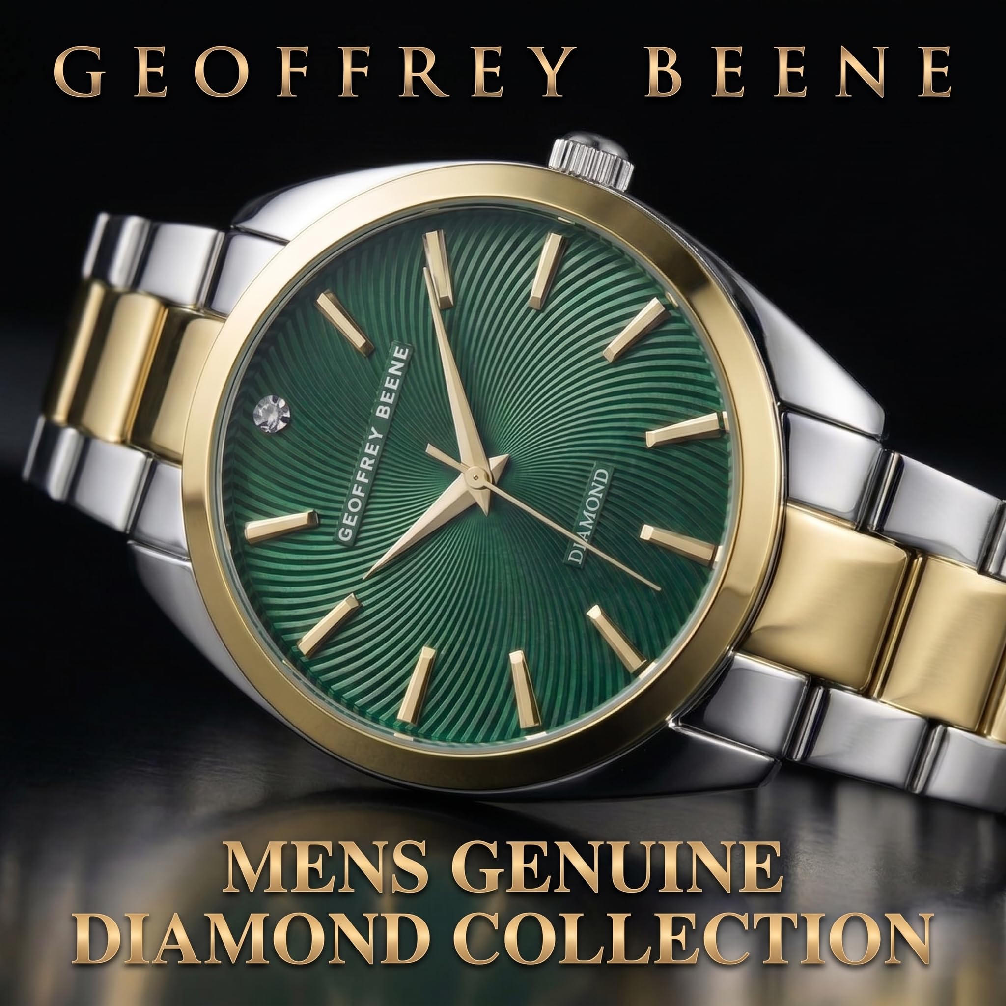 Geoffrey Beene Reloj redondo de dos tonos para hombre, 41 mm, esfera texturizada verde, acento de diamantes