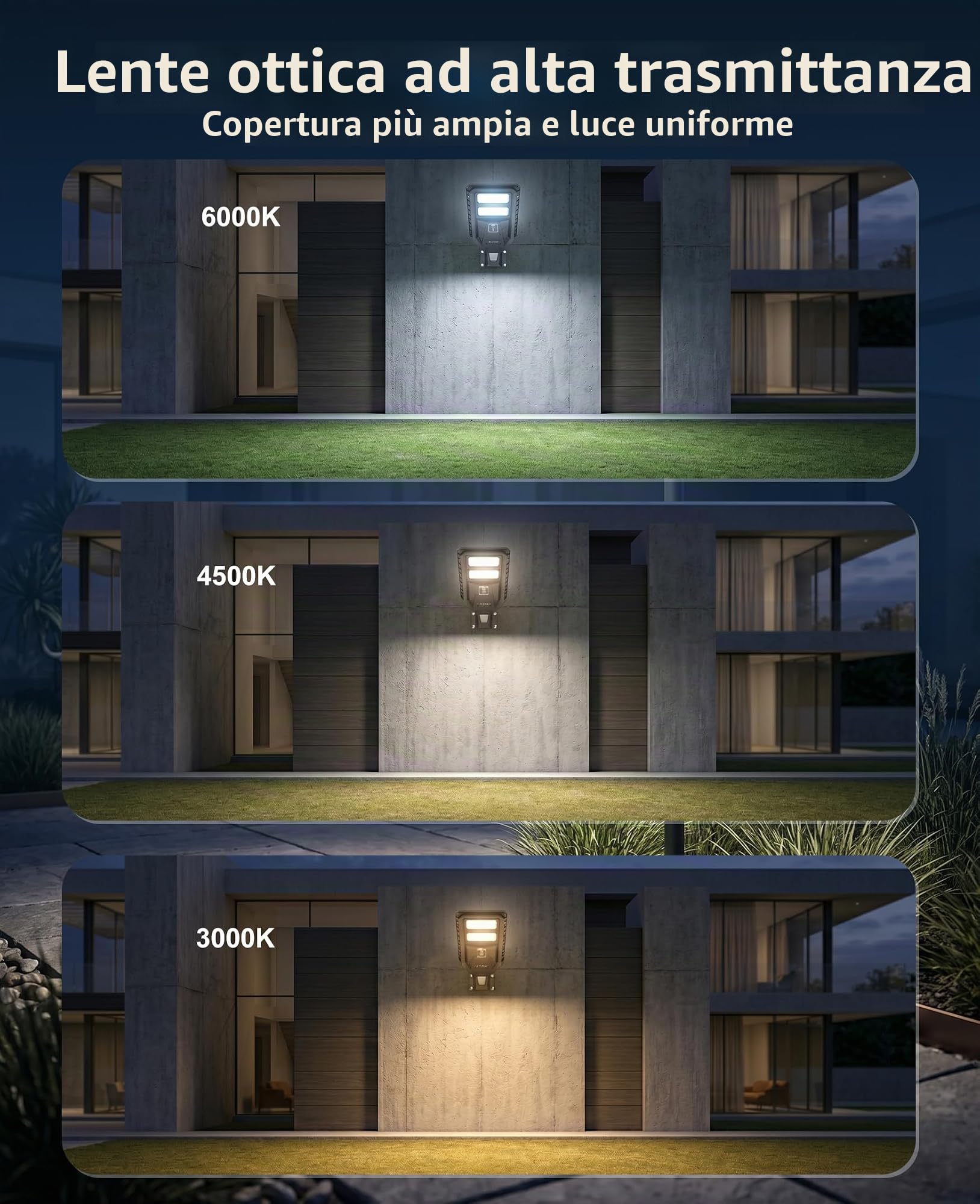 JAYNLT Lampione Solare LED Esterno, 3000K/4000K/6500K Faretto Led da Esterno con Sensore di Movimento, IP67 Impermeabile Faro Solare per Giardino Cortile Garage (2 Pezzi)