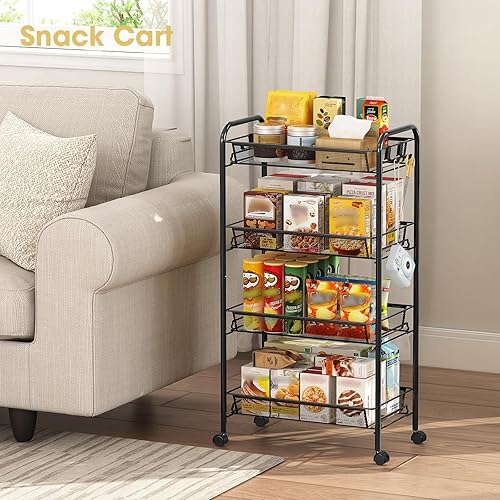 Miniatura 7 de TOOLF Carrito rodante de 4 niveles, carrito de metal con 3 ganchos, carrito de almacenamiento móvil fácil de montar sobre ruedas, estanterías de