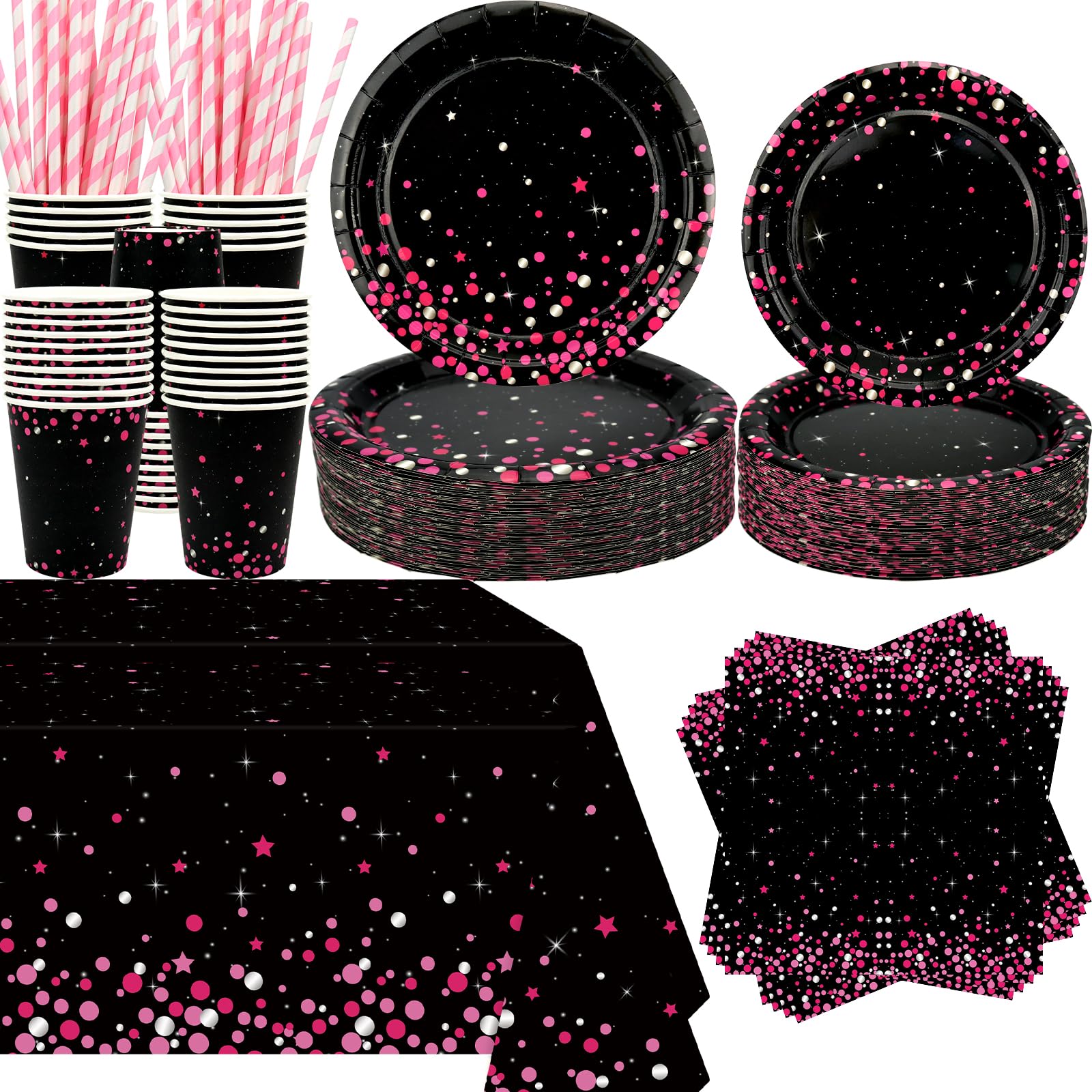 Pink Black Party Decoration - Pink and Black Birthday Party Tableware Supplies Includes Plates, Cups, Napkins, Tablecloth, Straws (40)