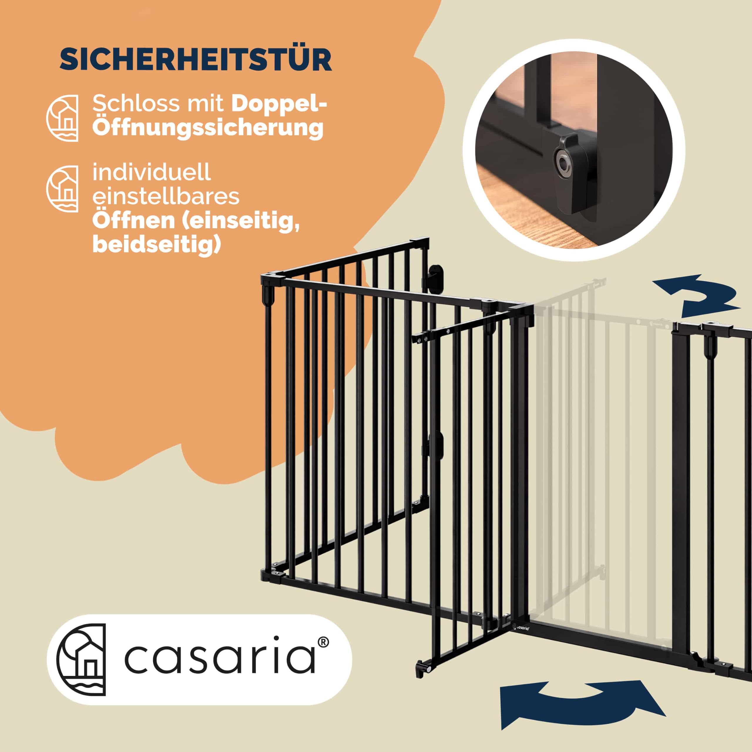 CASARIA Kaminschutzgitter Baby mit Sicherheitstür Metall 2X | 306x76 cm, ohne Bohren, Hundegitter, Kinderschutz, Türschutzgitter, Absperrgitter, Flexibler Einsatz als Laufstall, Schwarz