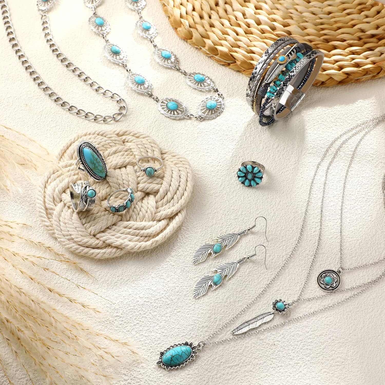 Geyoga 9 Pcs Western Jewelry For Women Bohemian Turquoise Jewelry Set Turquoise Necklace Dangle Earrings Rings Waist Chain Western Bracelets for Women Holiday Gift - Image 5