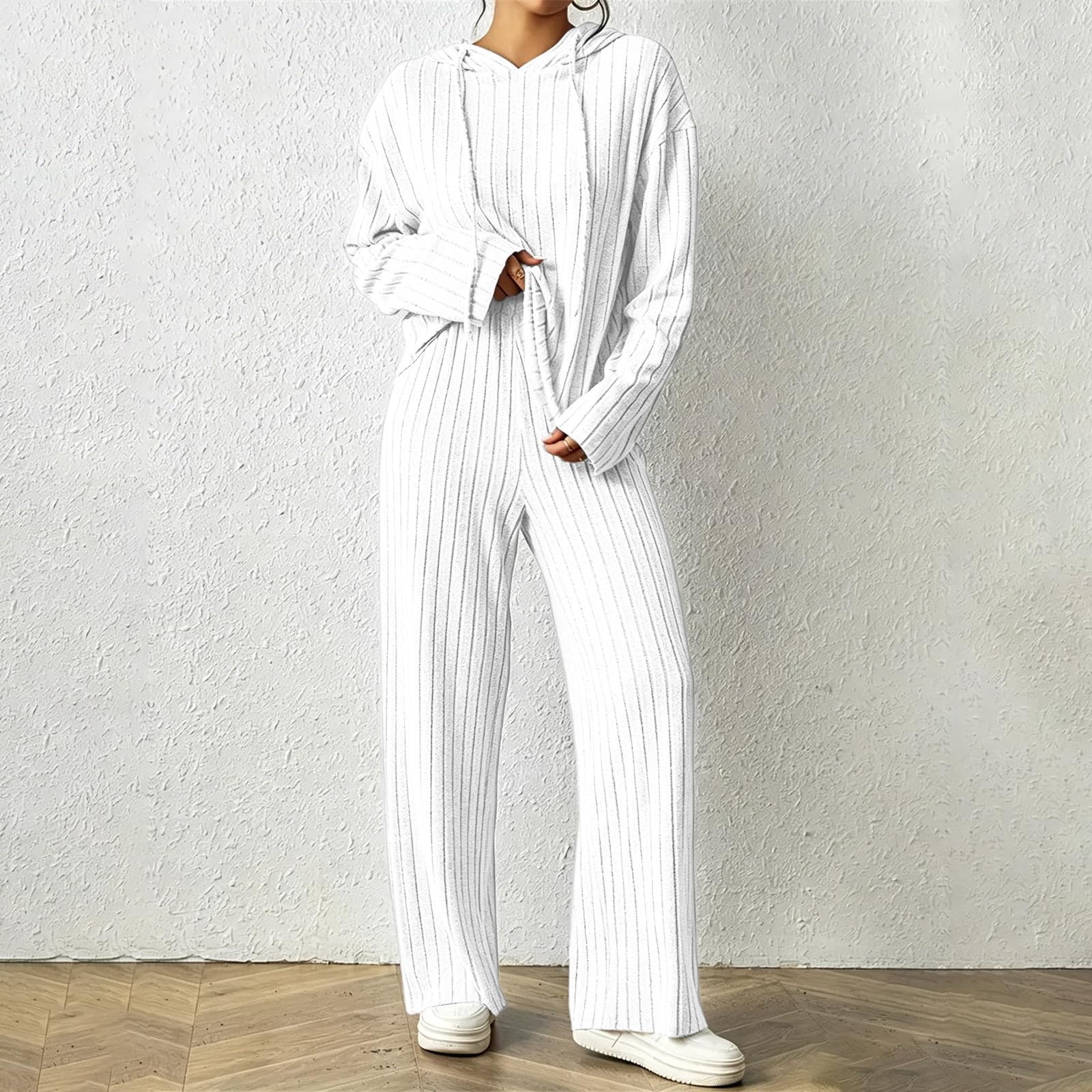 Ensemble Femme Tricot Côtelé Pull À Capuche Pantalon Droit 2 Pièces Ensemble Jogging Femme Hiver Automne Grandes Tailles Vêtement De Nuit Doux Tenue Interieur Chic Et Elegant