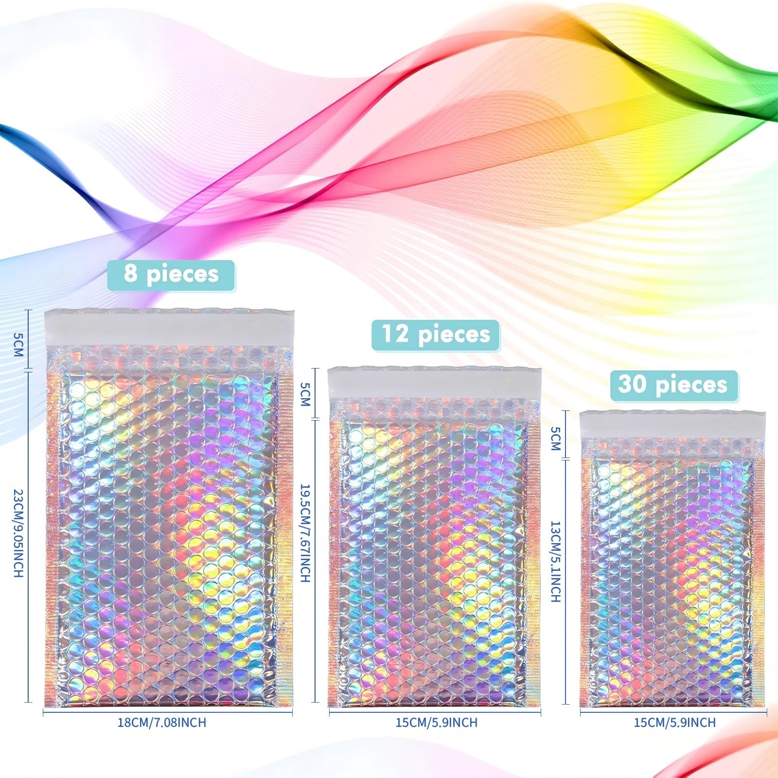 50 piezas metálicas acolchadas de burbujas para envío, sobres holográficos, sobres acolchados con purpurina, cierre adhesivo, bolsas de envío, 3 tamaños