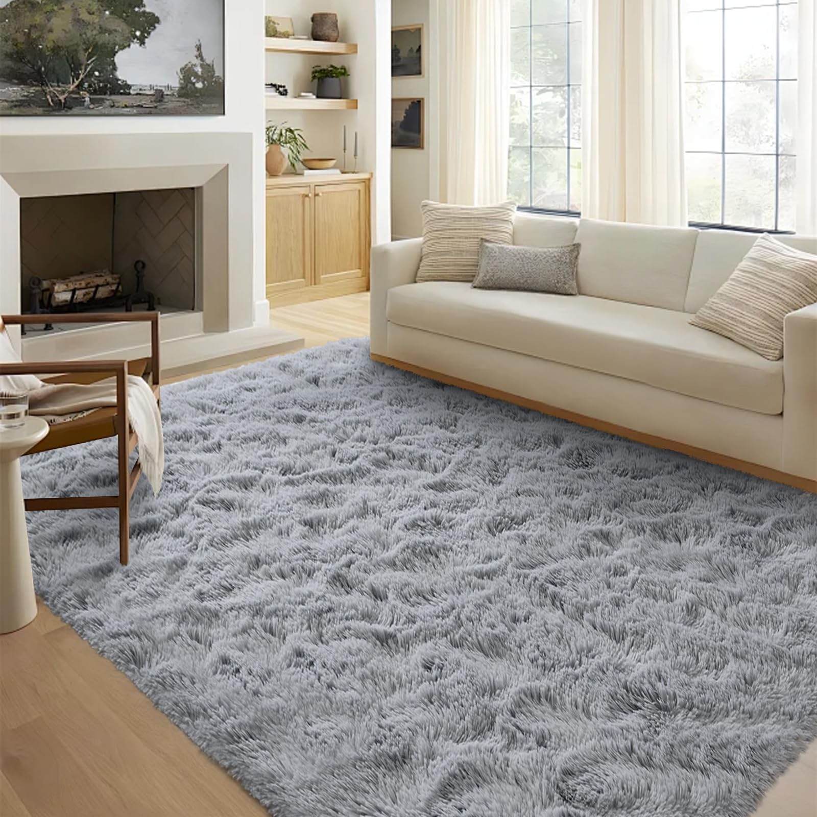 5x8 Ft Grey Rugs for Bedroom Living Room, Soft Modern Indoor Fuzzy Shaggy Area Rug, Non-Slip Fluffy Furry Rug for Teen Girls and Boys,Nursery Kids Room Dorm Home Decor, High Pile Plush Floor Carpet