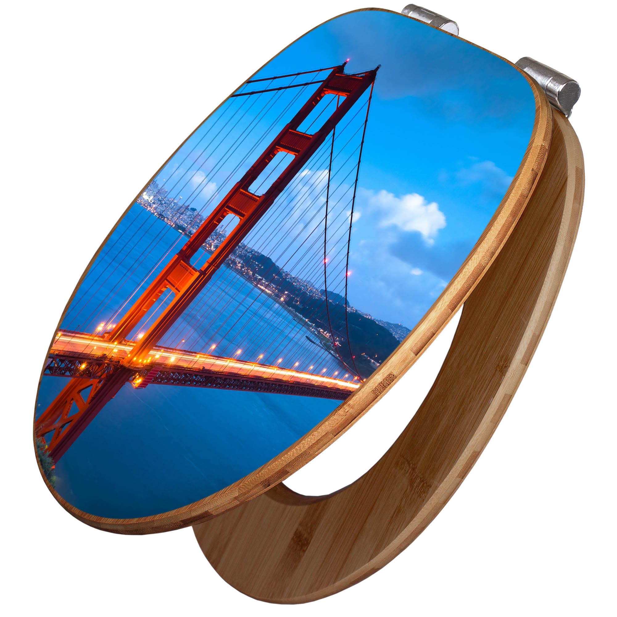 banjado Design WC Sitz Bambus Absenkautomatik 45,8x37,5cm - Toilettendeckel mit Absenkautomatik Holz - hochwertiger Bambus Klodeckel - WC-Sitz für gängigen Toiletten - Motiv Golden Gate Bridge