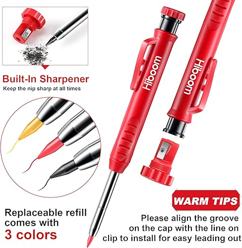 Miniatura 3 de Hiboom Juego de 3 lápices de carpintero con 24 repuestos, lápiz mecánico de carpintero de 0.110 in, sacapuntas integrado, herramienta de marcado