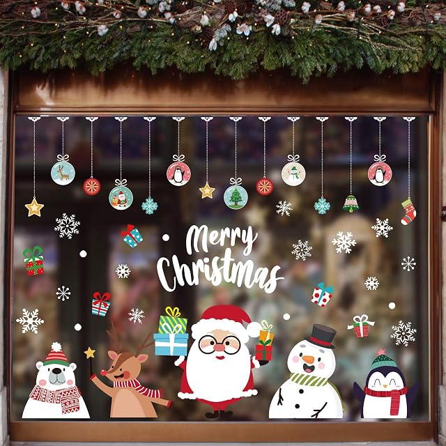 113 PCS Christmas Snowflake Window Cling Stickers Christmas Window Clings for Glass Windows Xmas Decals Decorations Holiday Snowflake Santa Claus Reindeer Decals for Party