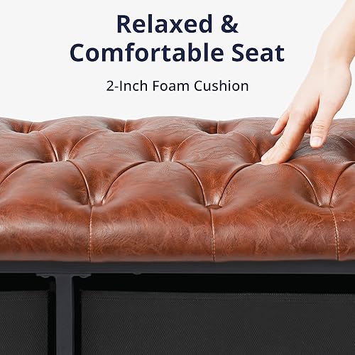 Miniatura 4 de Cozy Castle Large Faux Leather Upholstered Bench 52-Inch Dining Room Bench with Storage Shelf Brown