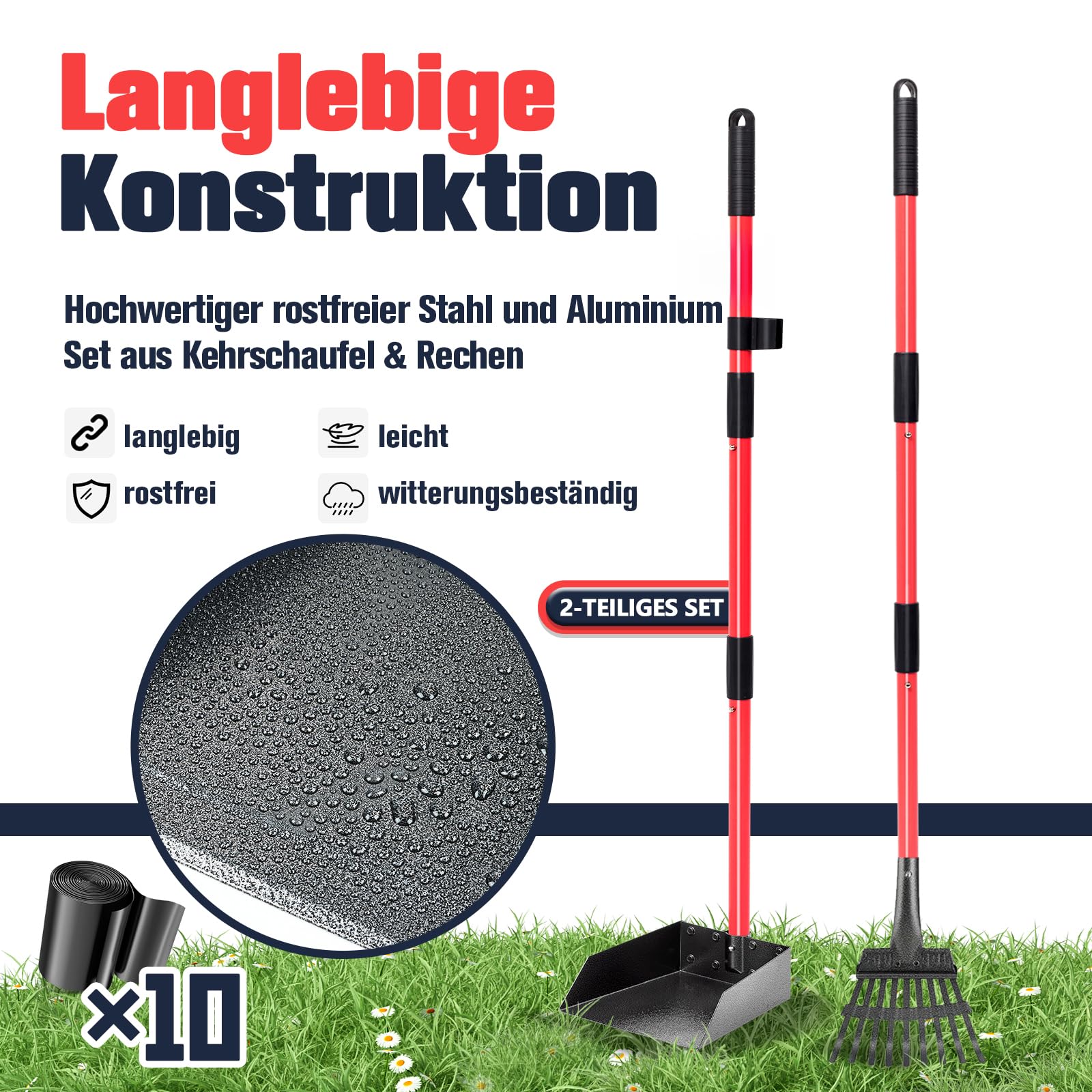 Hundekotschaufel Kehrschaufel & Rechen Mit Abfallsäcken, Hundekotsammler Langer Griff, Hundekot Scooper Für Garten & Laub