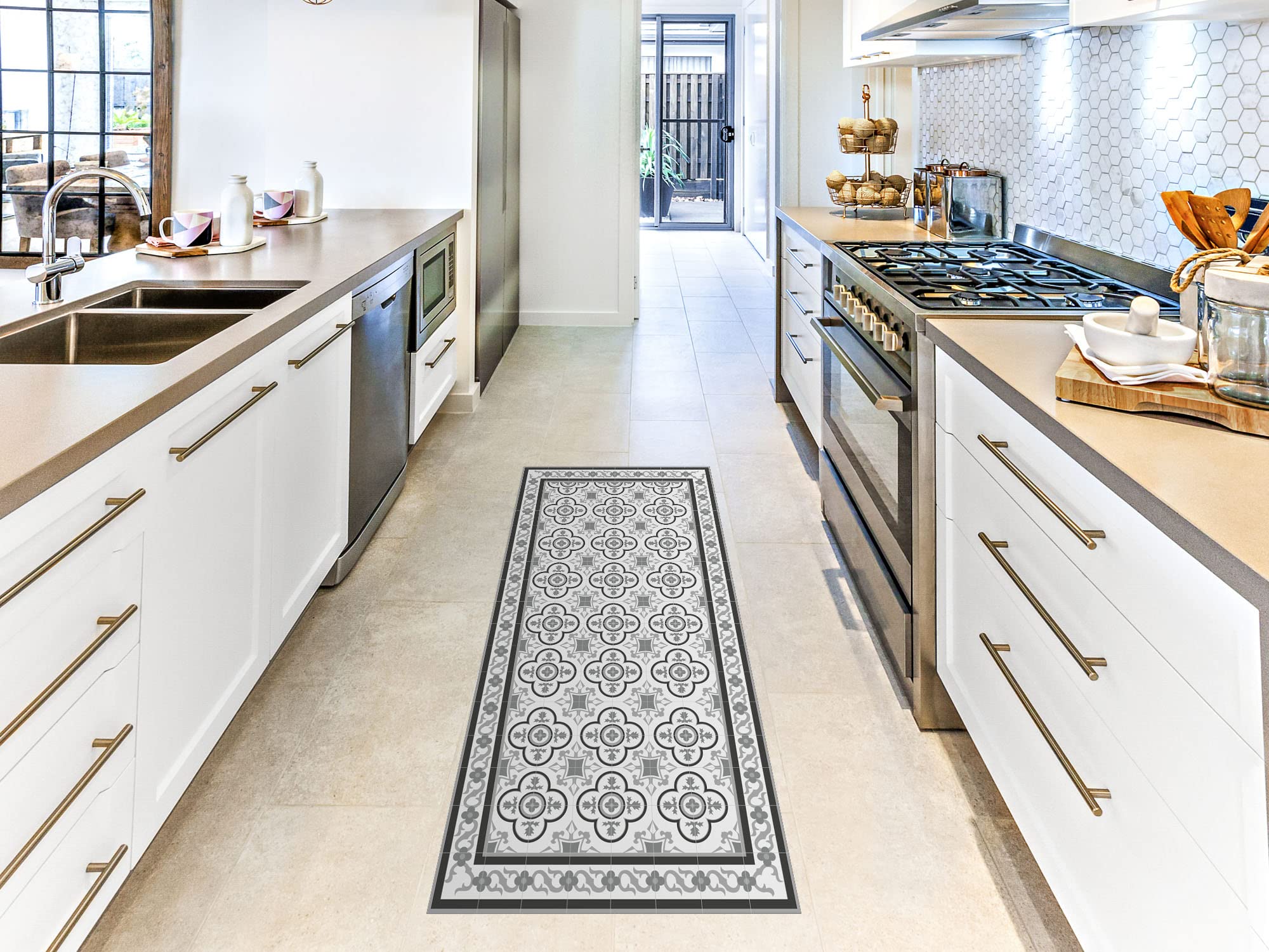 Oedim Tapis mosaïque vintage design vert foncé, 120 x 95 cm, tapis de cuisine en vinyle, tapis de salon antidérapant, sol en vinyle