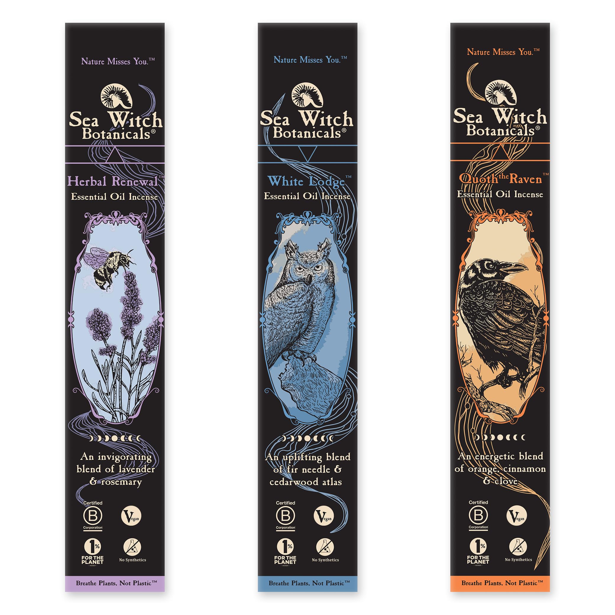 Photo 1 of Sea Witch Botanicals Take-Flight Triad Incense Collection | All-Natural Essential Oil Blends | 3 Boxes of 20 Incense Sticks | Non-Toxic | Ritual and Relaxation
