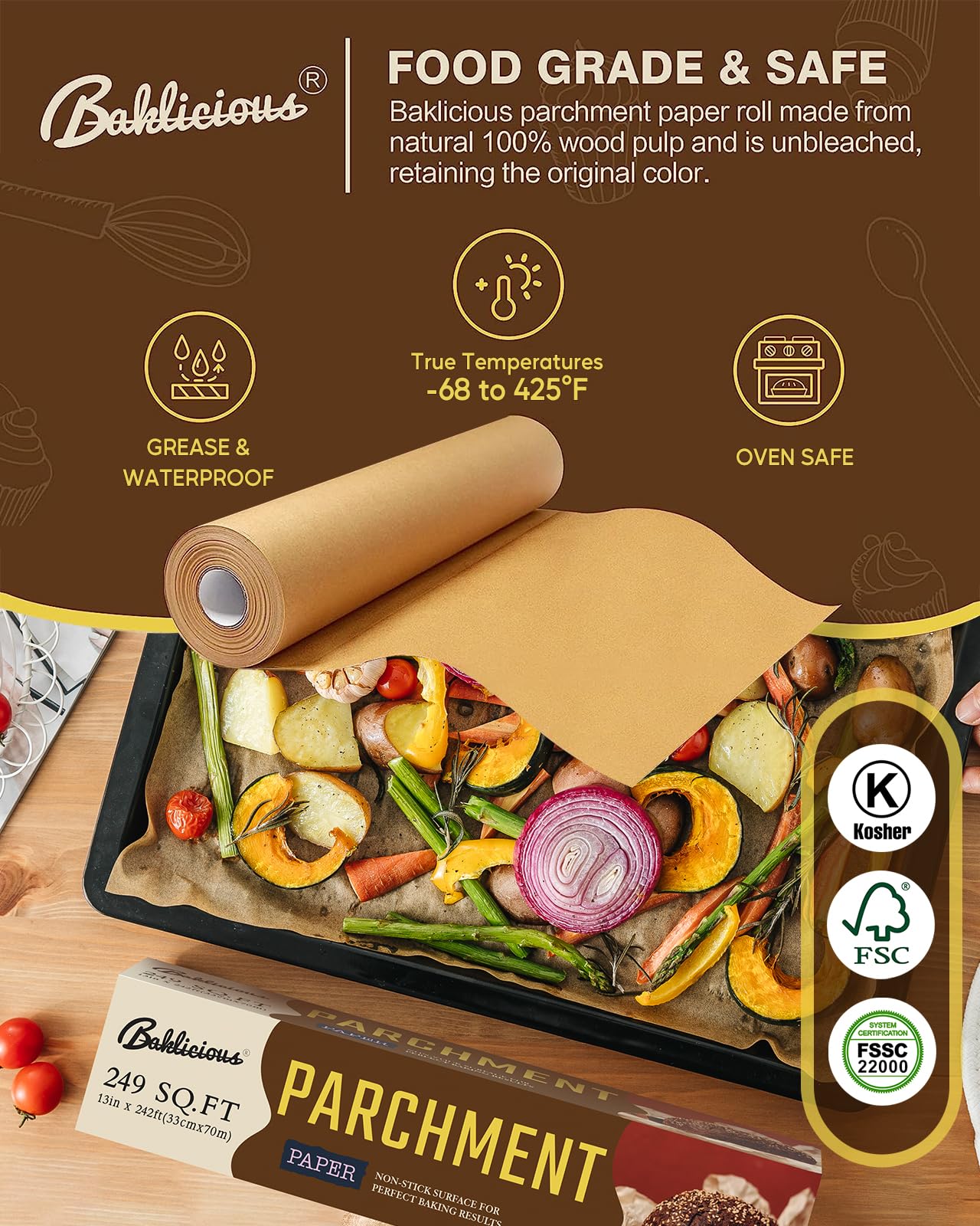 BAKLICIOUS Rollo de papel pergamino de 13 pulgadas x 164 pies, 177 pies cuadrados, paquete de 2 papeles de pergamino sin blanquear para hornear, cocinar