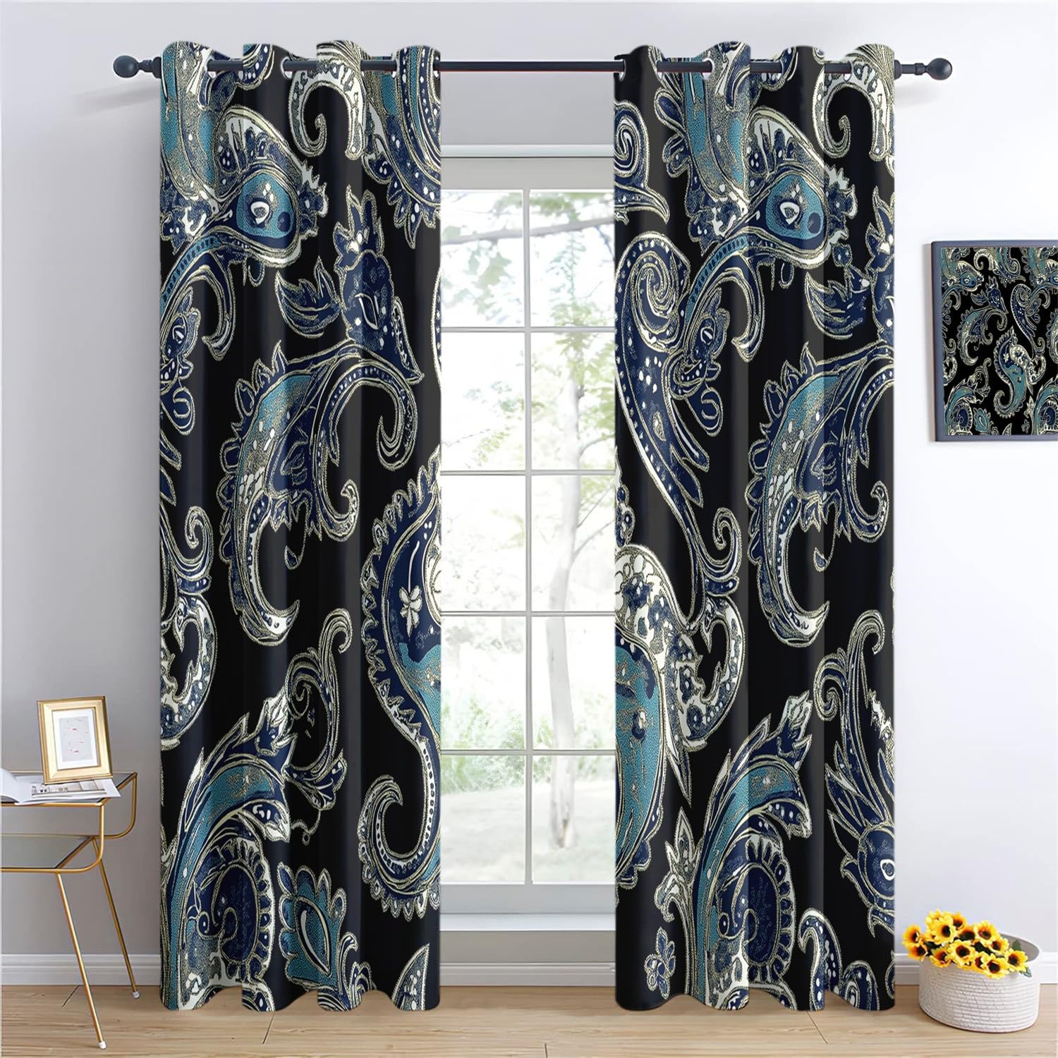 Rideau Occultant Motif Floral Motif Cachemire Occultant Rideaux Thermiques à Oeillets pour 100L X 178H cm (2 Panneaux) Isolant Thermique 3D Impression Décoration Salon Rideau IsolantBleu