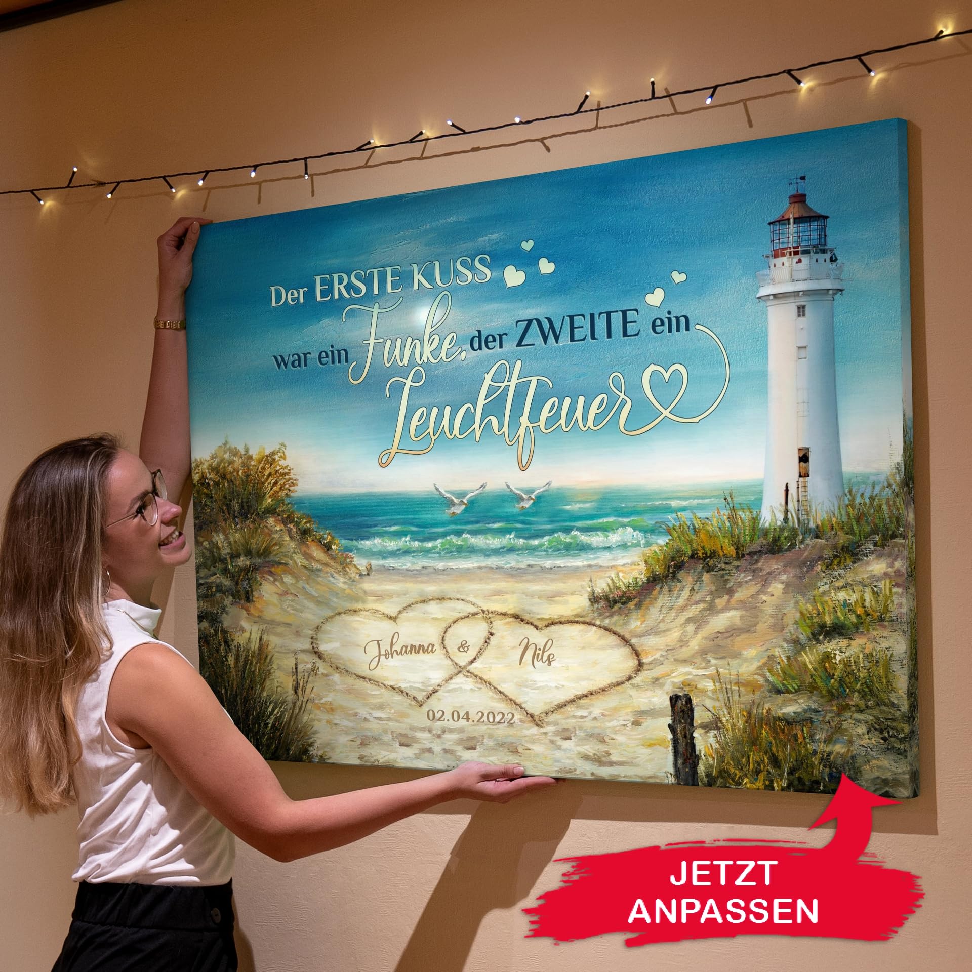 Liebesleinwand Leinwandbild personalisiert | Leinwand gestalten mit Namen und Datum Geschenk für Partner | Leuchtfeuer der Liebe