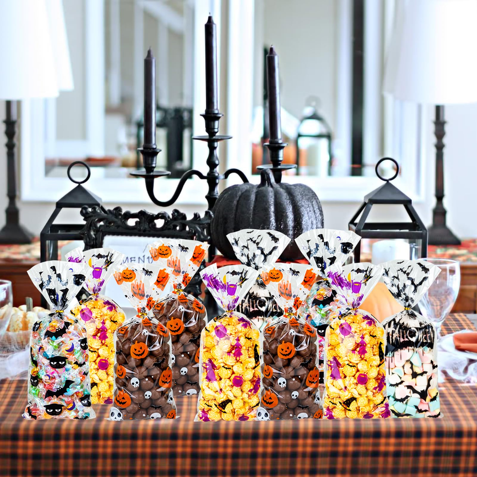 RICEDUO Torebki na słodycze na Halloween, 100 sztuk, przezroczyste torebki na słodycze, słodkie słodycze, torebki na prezent z twist krawaty, torebki na Halloween, upominki dla dzieci, Halloween