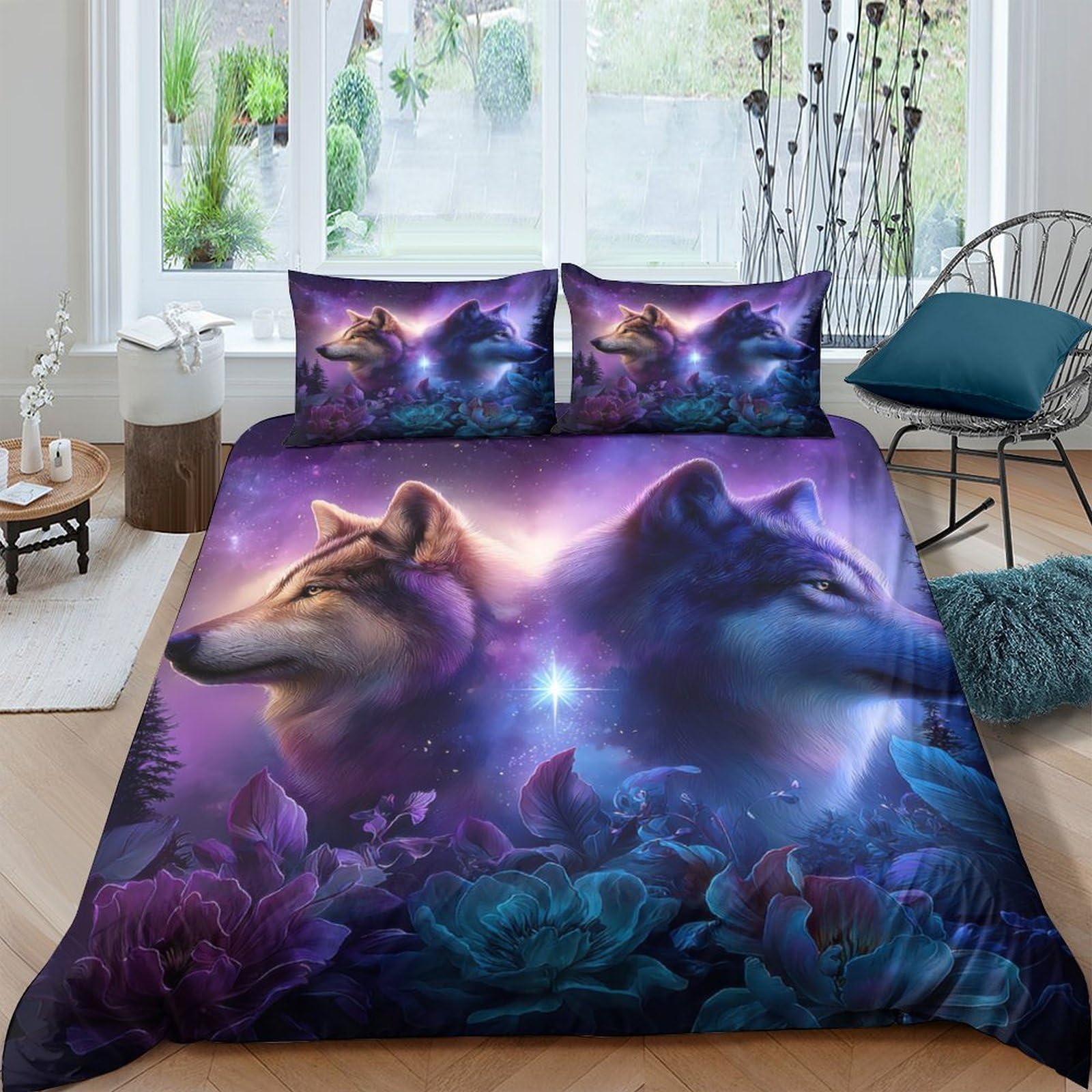 Ctjqhvkz Style-4 3D Printed Wolf Galaxy Fitted Sheet Microfiber Soft Purple Blue Cosmic Nebula Mattress Cover Bedroom Decor Single（135X200cm）